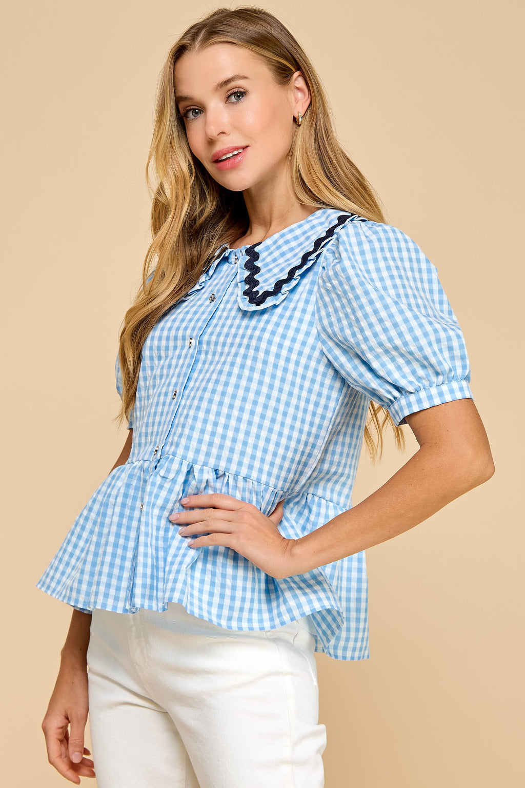 Gingham Peplum Top With Peter Pan Collar: Blue