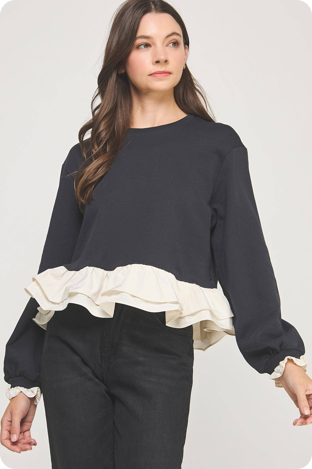 Contrast Ruffle Hem Crewneck Sweatshirt