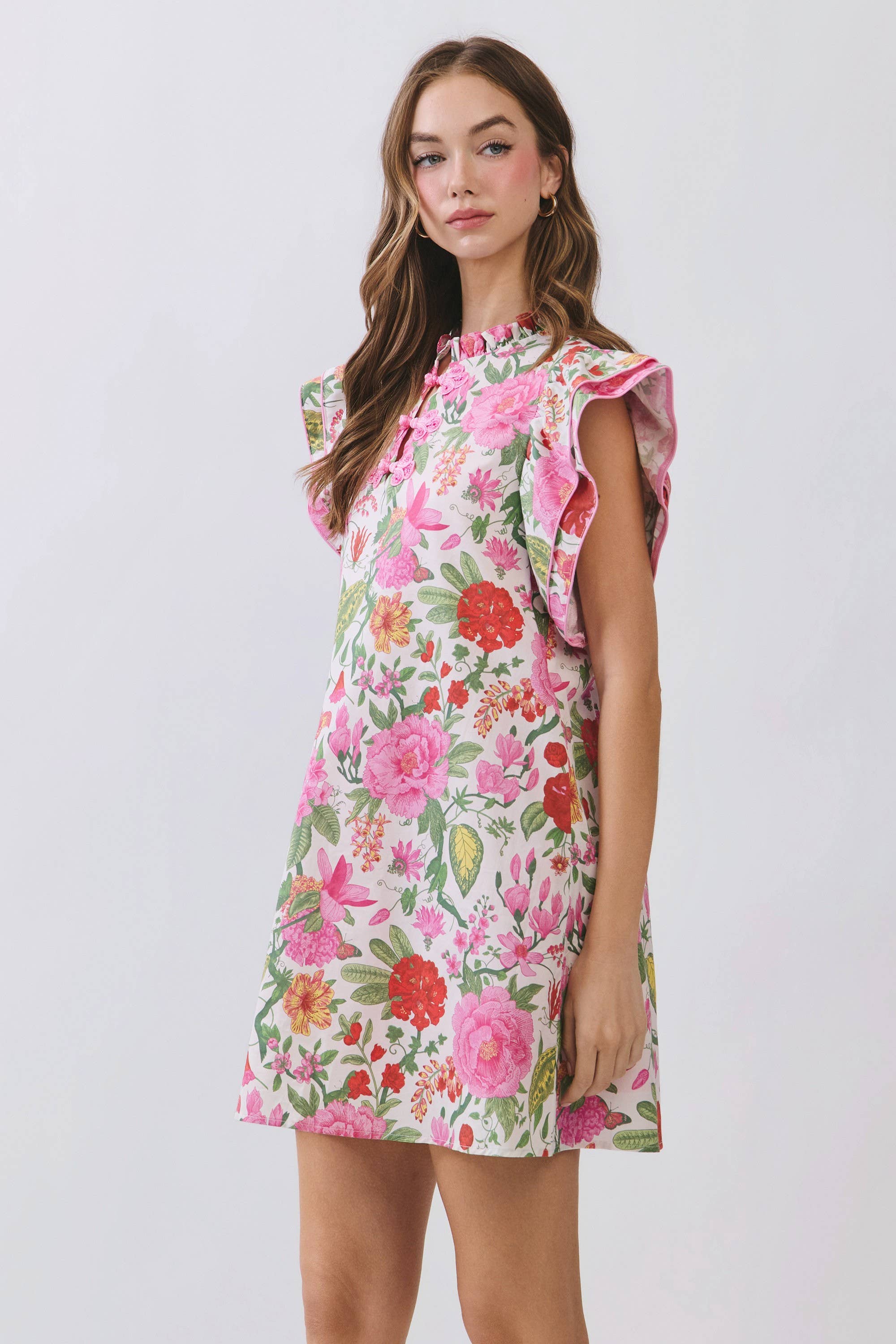 Pink Floral Loop Button Detail Ruffle Sleeve Mini Dress