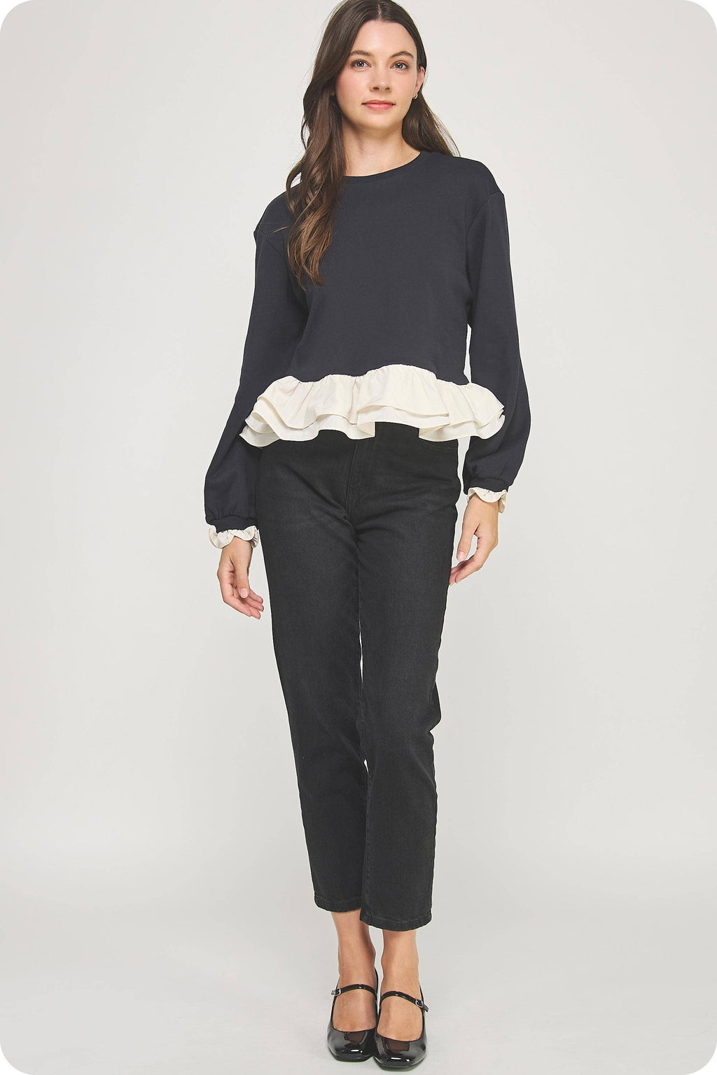 Contrast Ruffle Hem Crewneck Sweatshirt