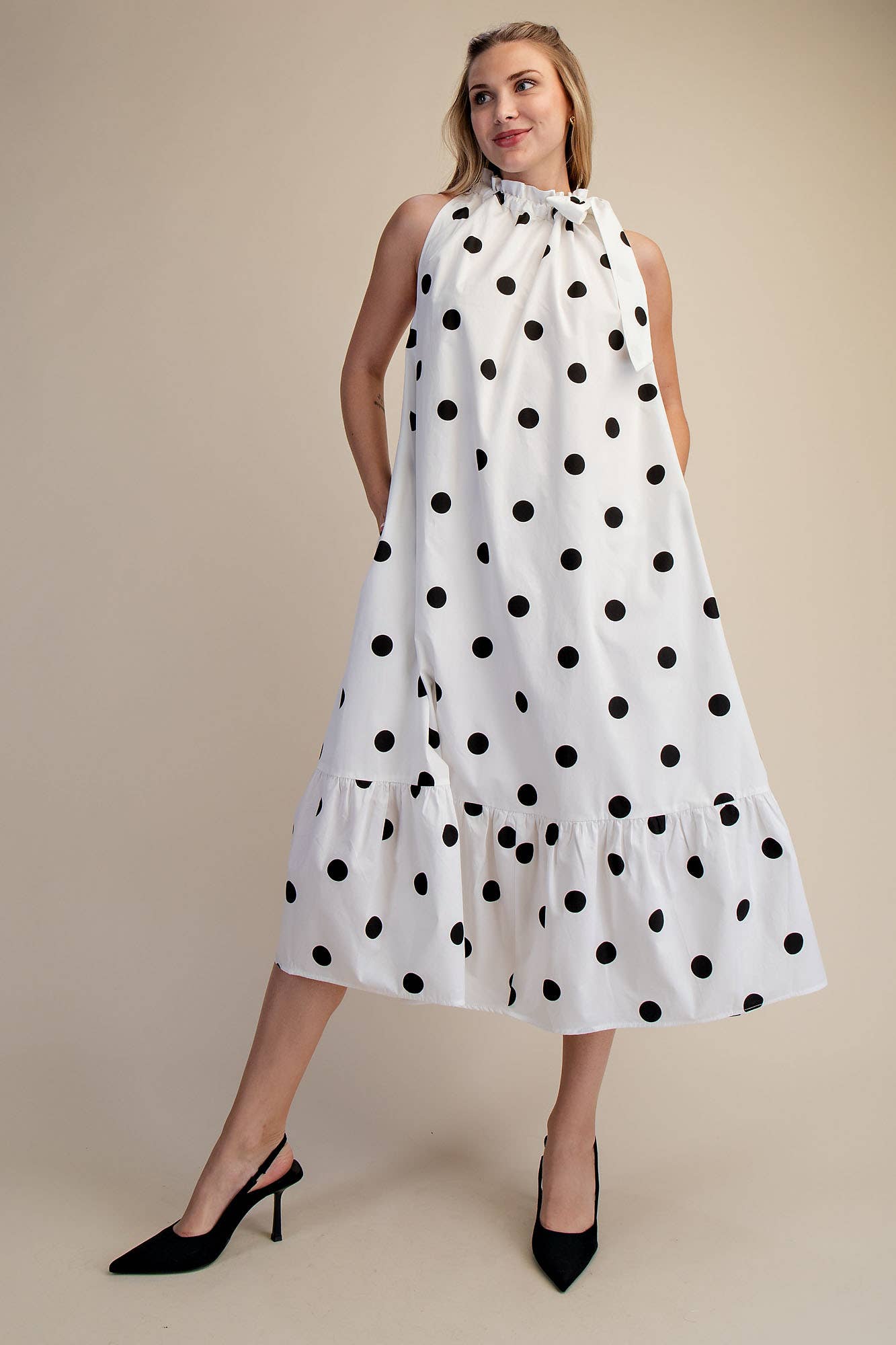 Polka Dot Midi Dress Sleeveless With Ruffle Neck Tie