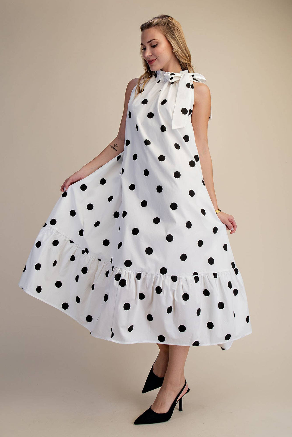 Polka Dot Midi Dress Sleeveless With Ruffle Neck Tie