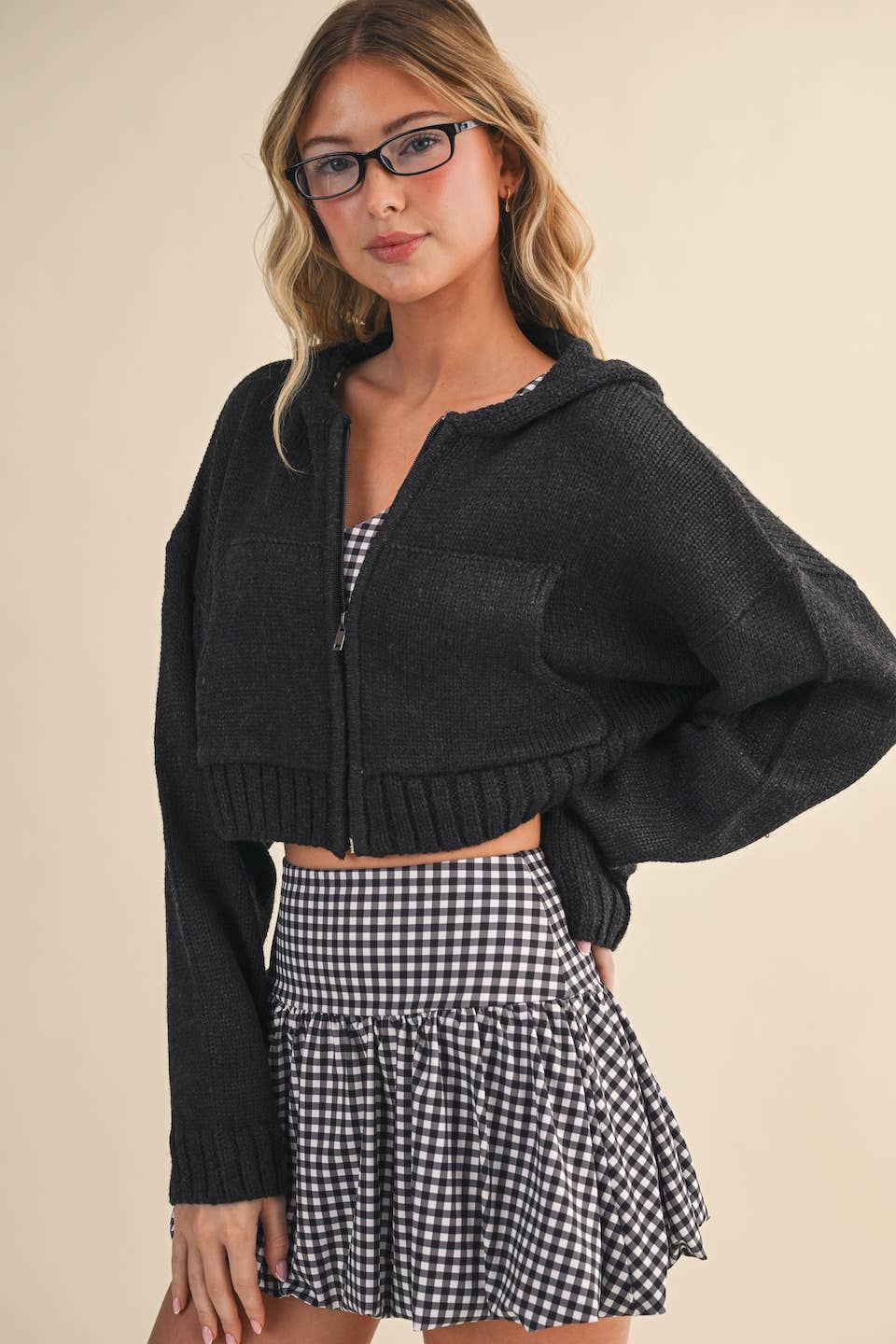 Knit Zip Up Hoodie Sweater: Black