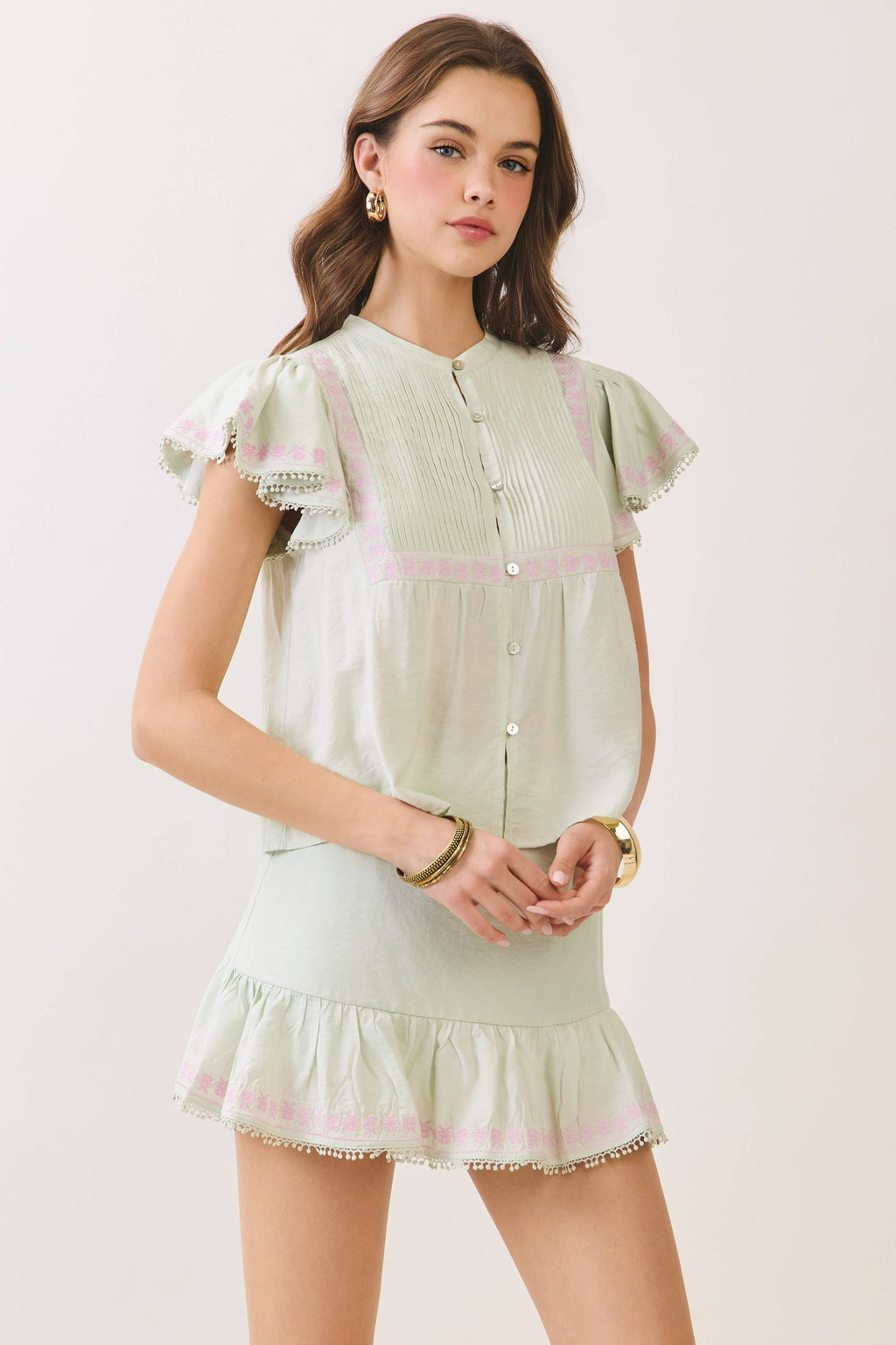 Embroidered Ruffle Trim Detail Button Down Top