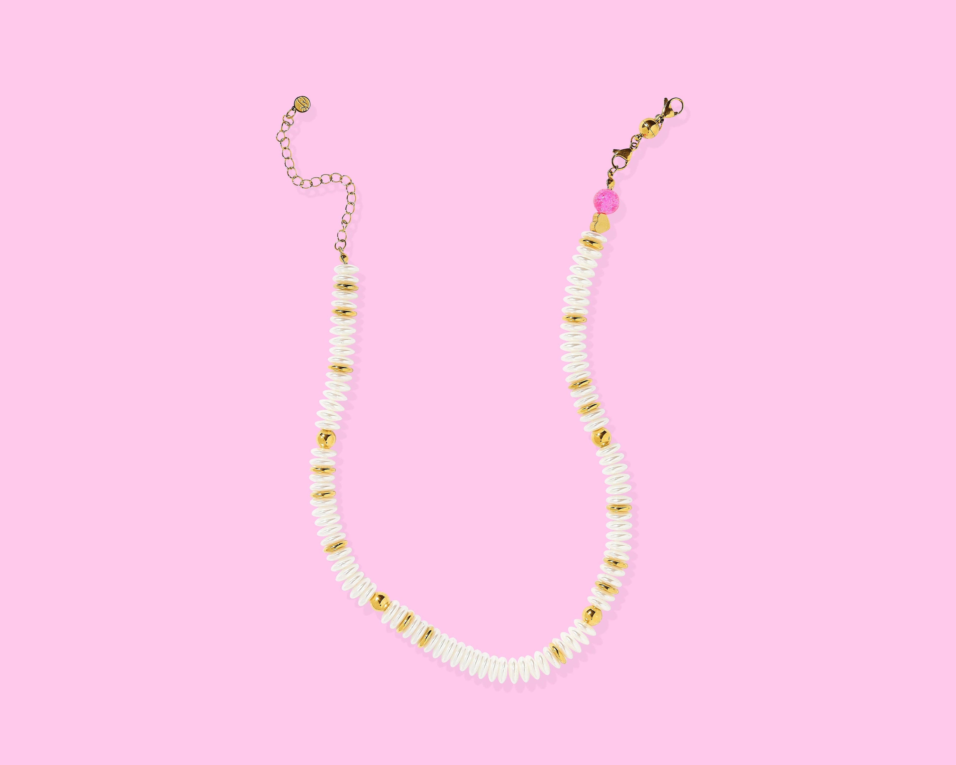 Beaded Necklace - White Pearl + Gold Beads - Allison