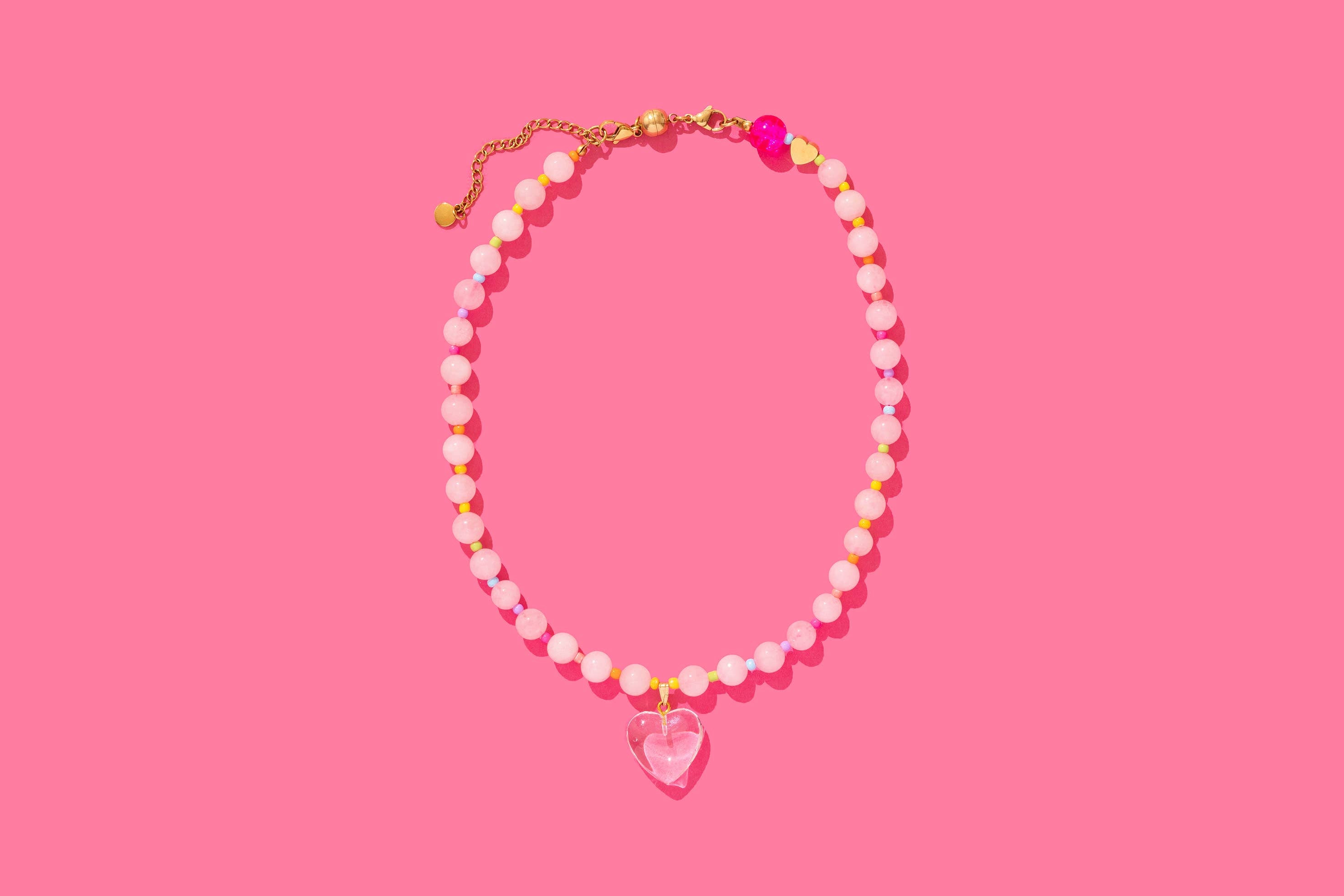 Lottie Beaded Necklace | Pink + Multi-Color w/Dangle Heart