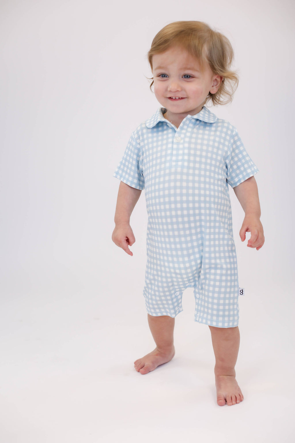 Short Sleeve Polo Romper | Blue Gingham