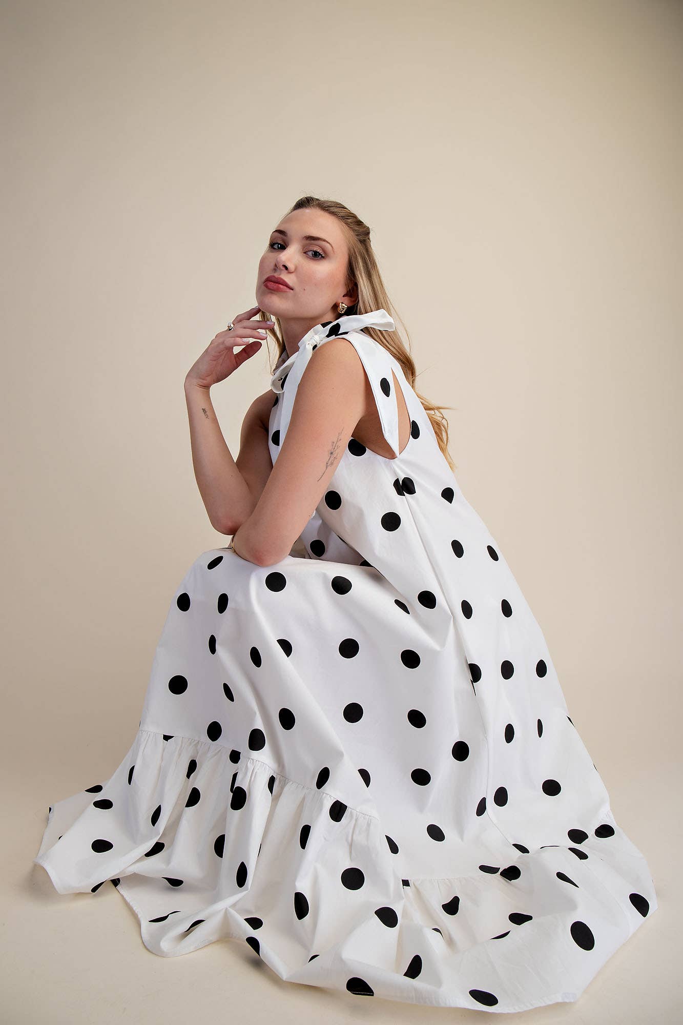 Polka Dot Midi Dress Sleeveless With Ruffle Neck Tie