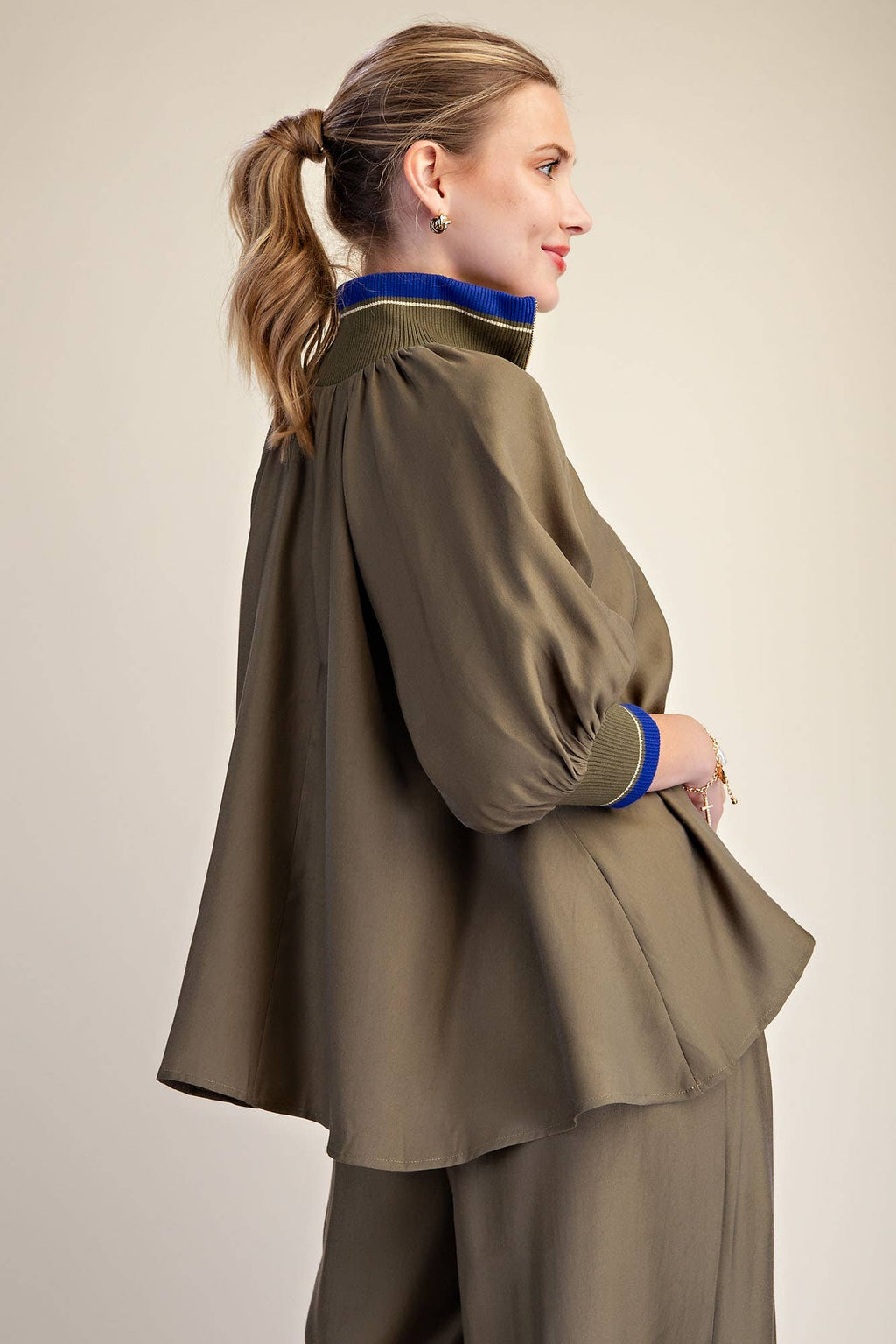 Navy Mock Neck Band Puff Sleeve Blouse