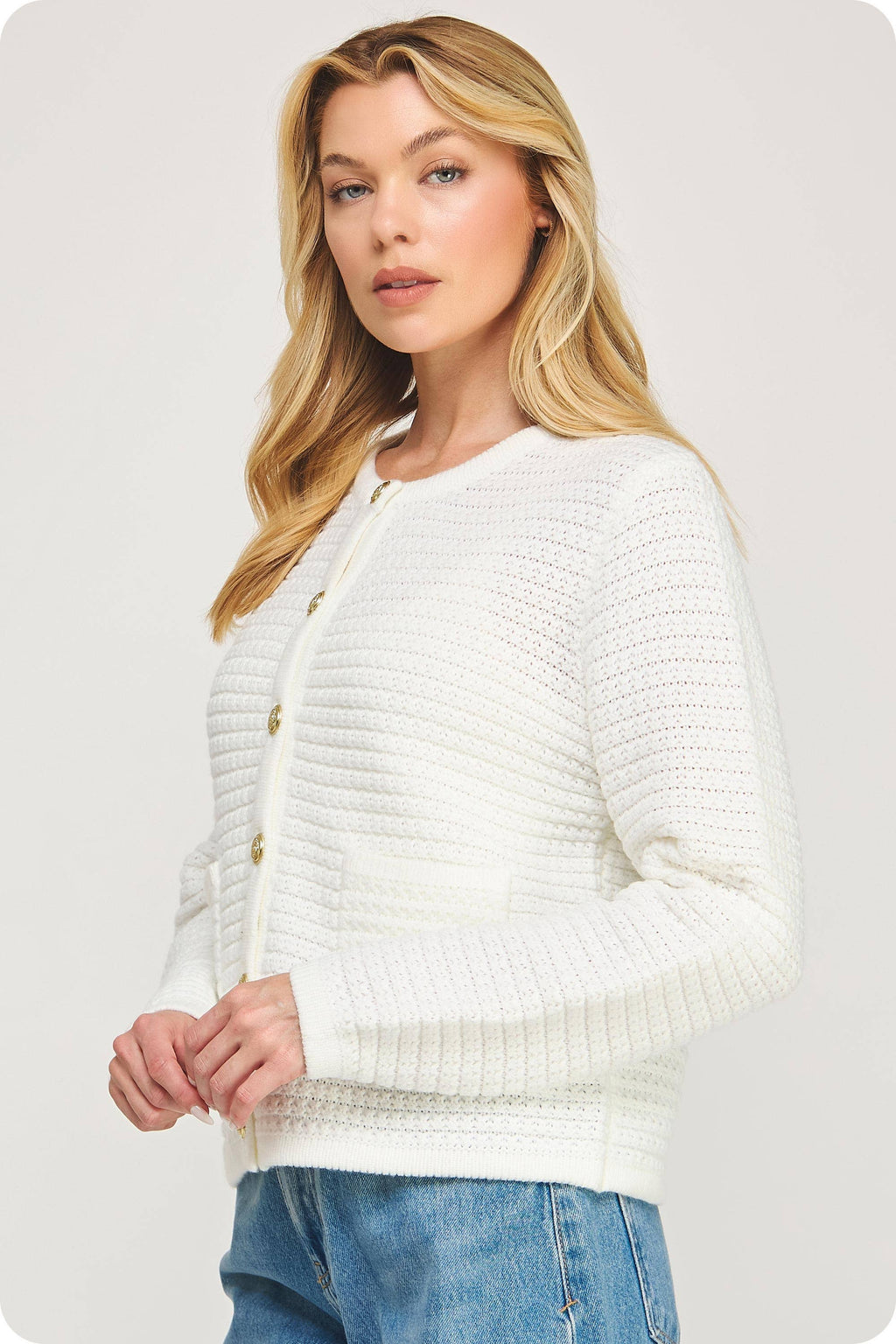 Textured Knit Cardigan: Off White
