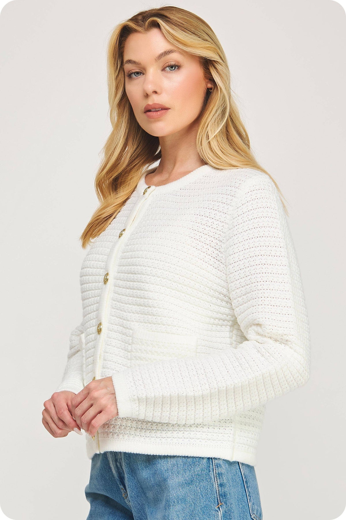 Textured Knit Cardigan: Off White