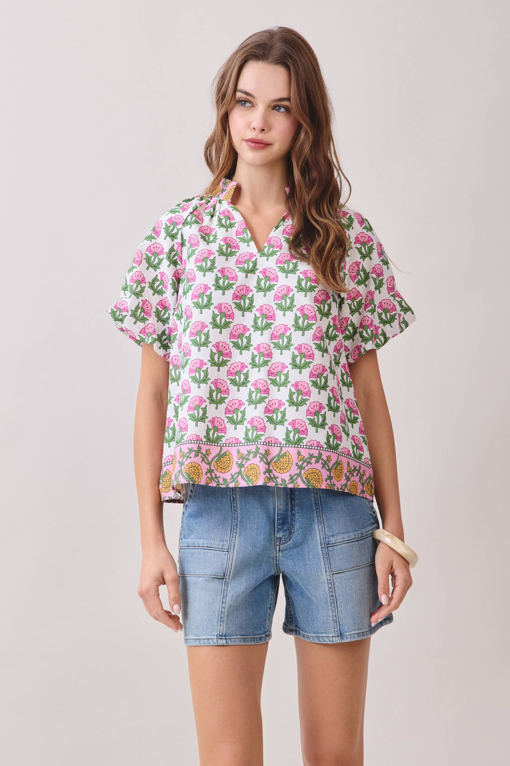 Floral Print Bubble Sleeves Split Neckline Top + Skirt Set