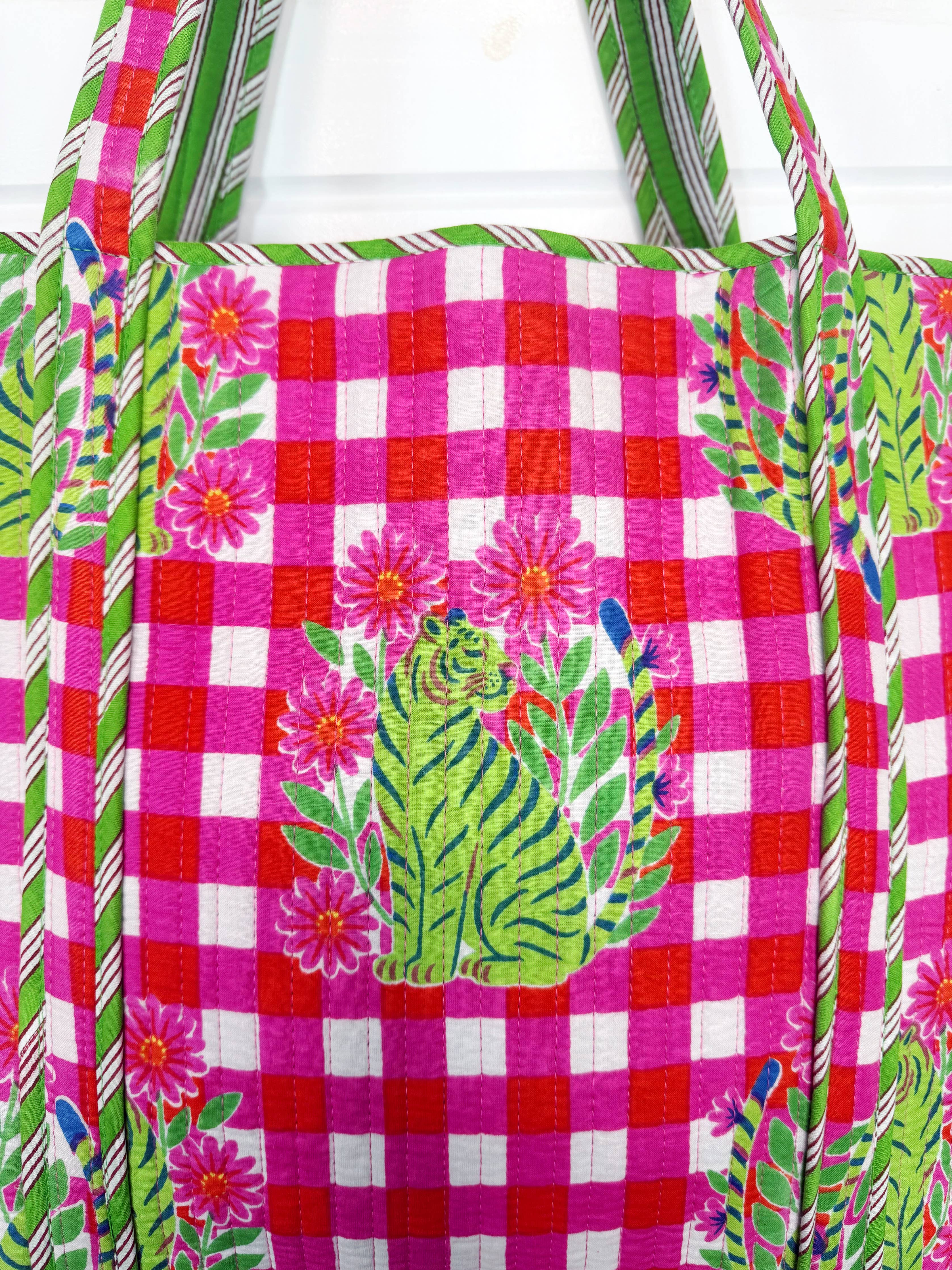 Tote Bags Quilted | Large Travel Tote | Pink Checkered Tiger