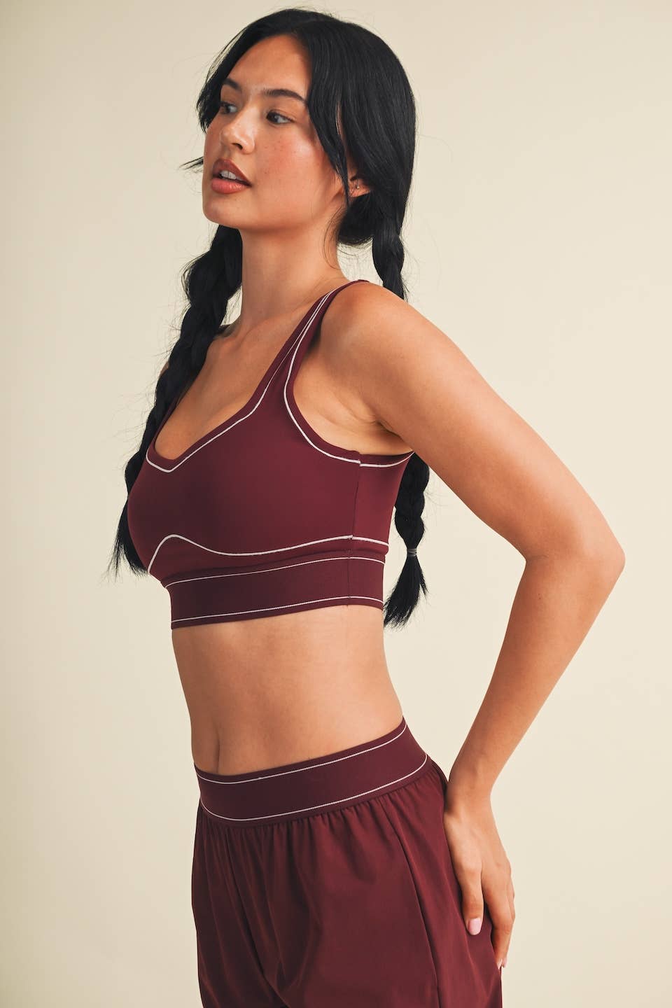 Burgundy Contrast Thread Sports Bra