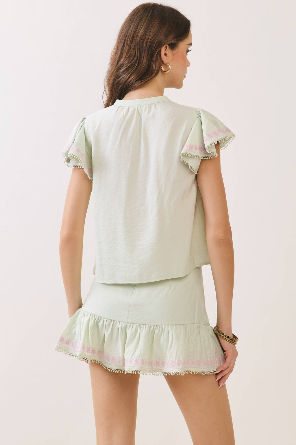 Embroidered Ruffle Trim Detail Button Down Top