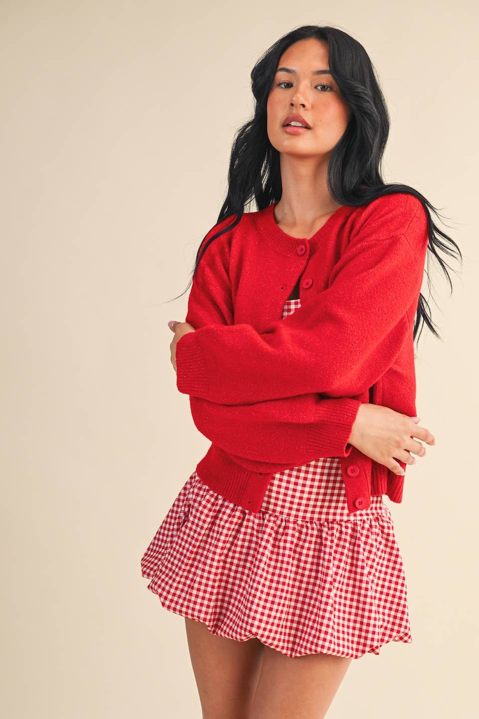Knit Button Up Cardigan Sweater: Red
