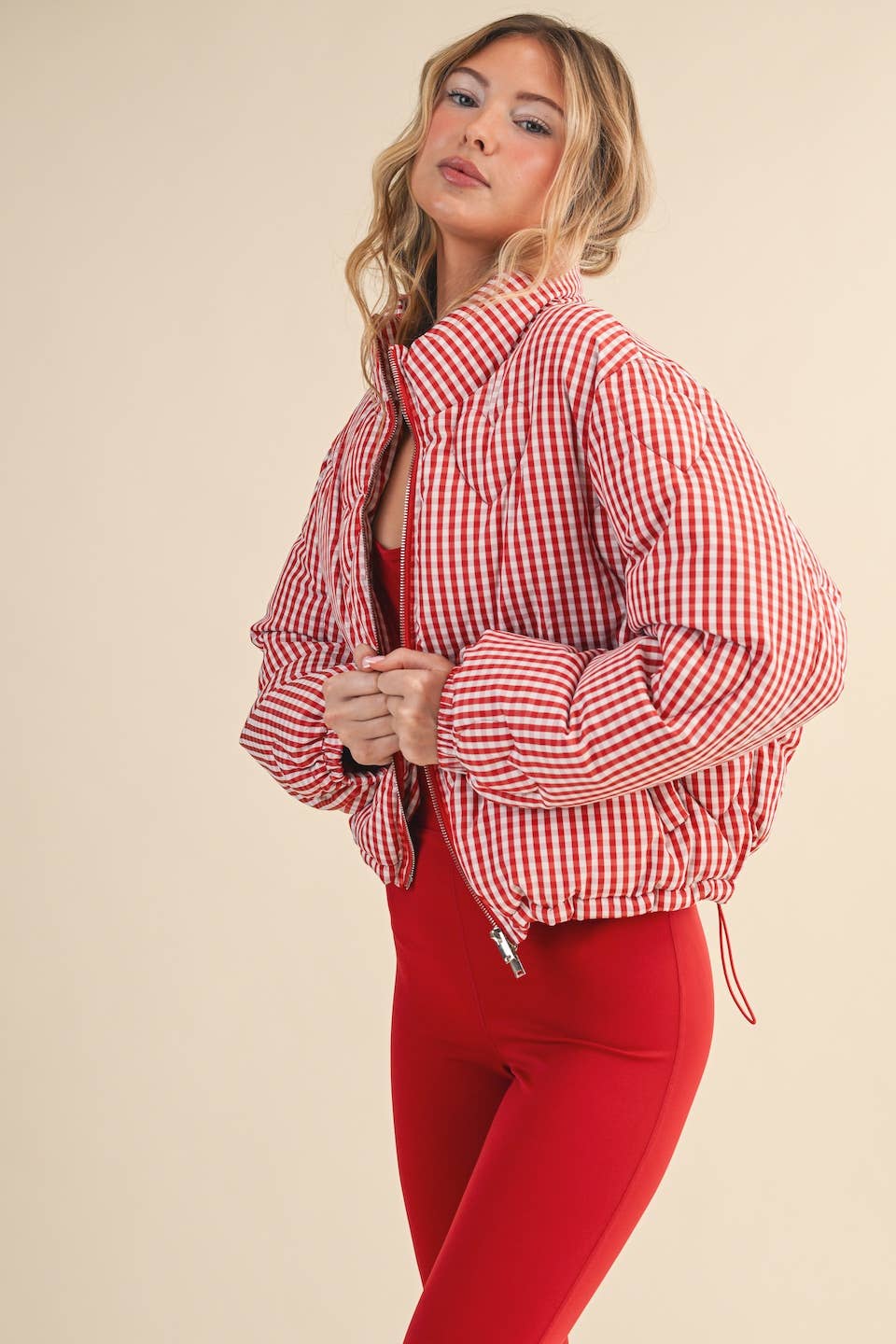 Red Gingham Print Puffer Jacket with Heart Shaped Quilting