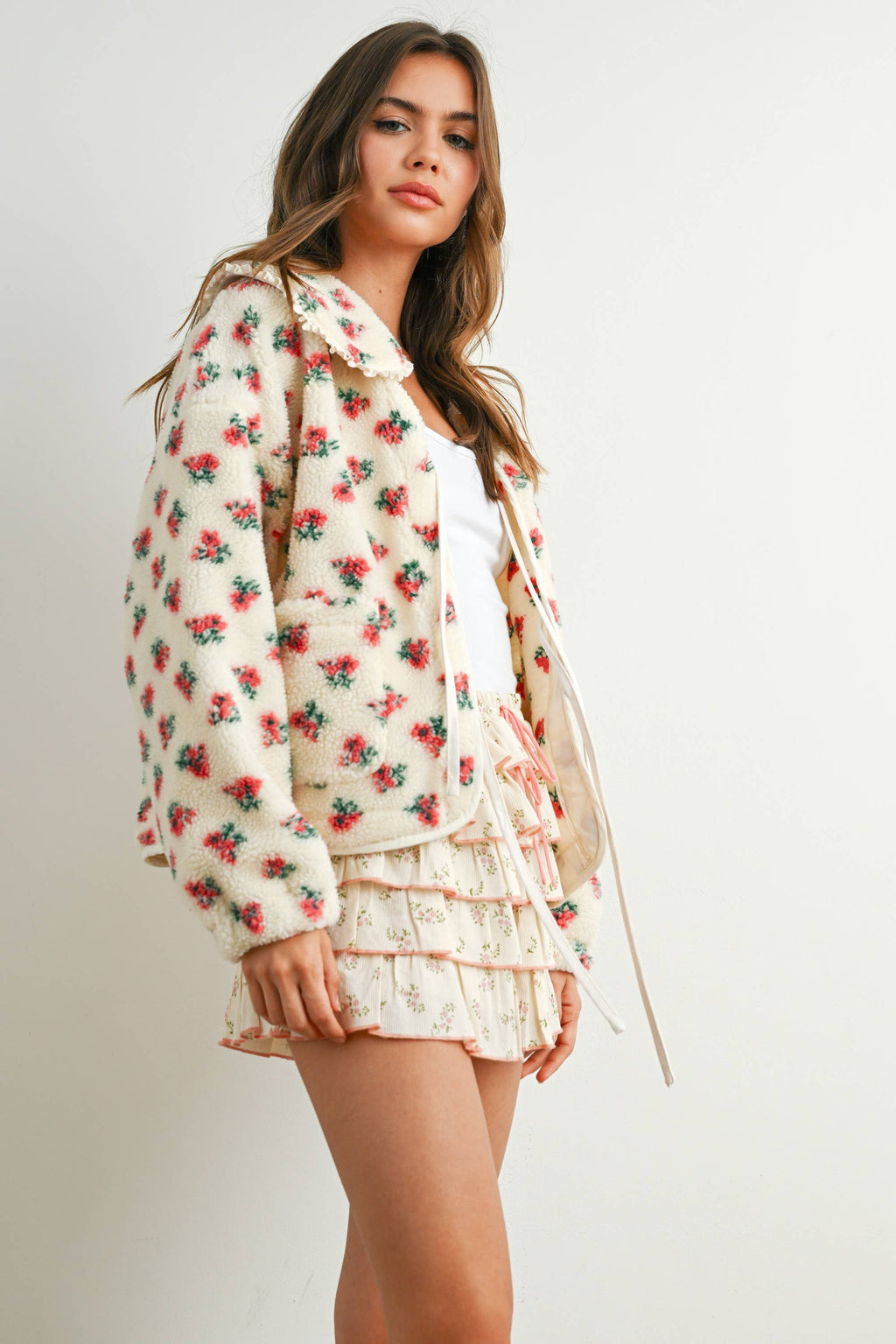 Floral Puffy Tie-Front Sherpa Jacket