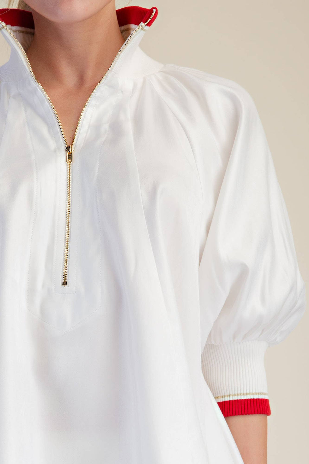 Navy Mock Neck Band Puff Sleeve Blouse
