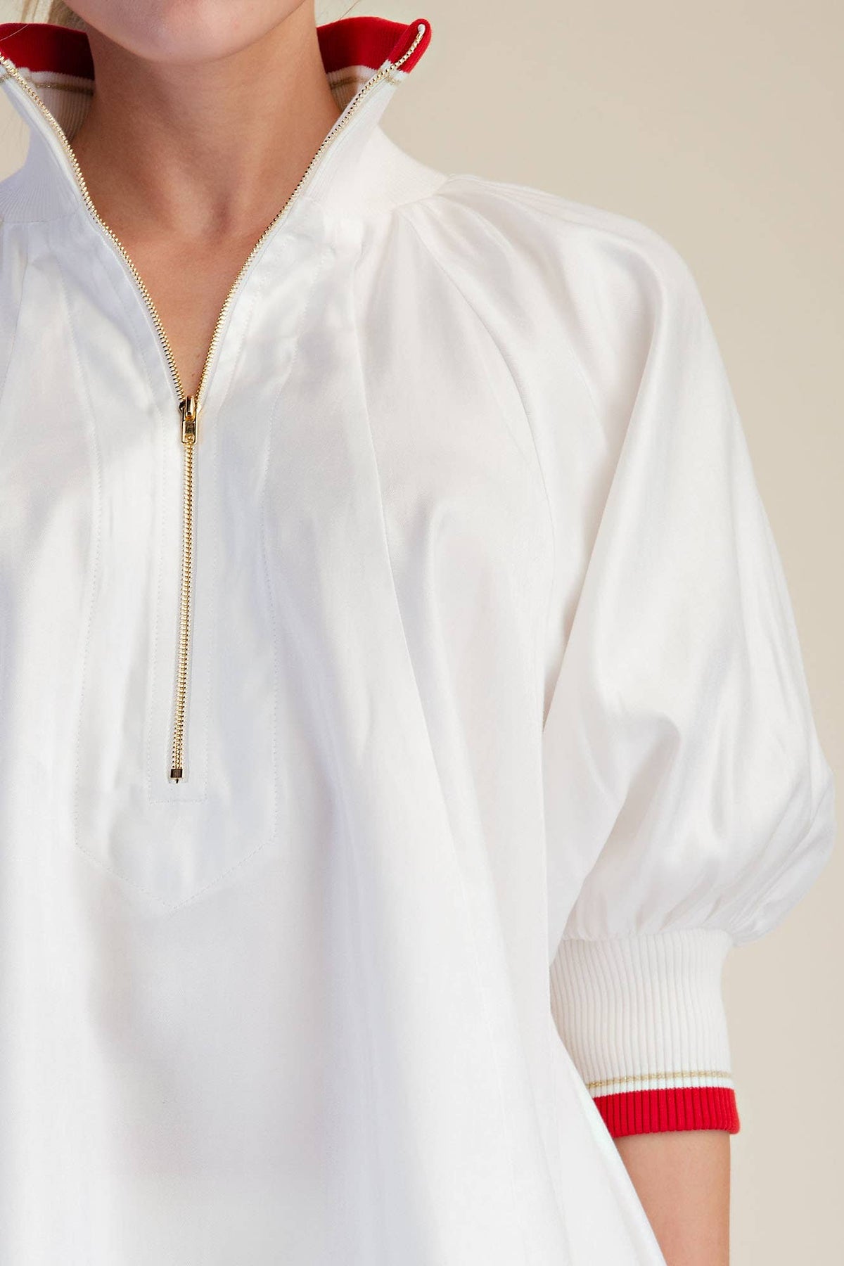 Navy Mock Neck Band Puff Sleeve Blouse