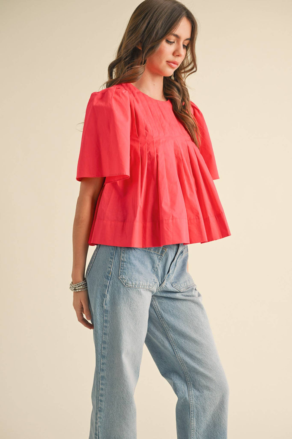 PLEATED SHORT SLEEVE TOP CERISE PINK