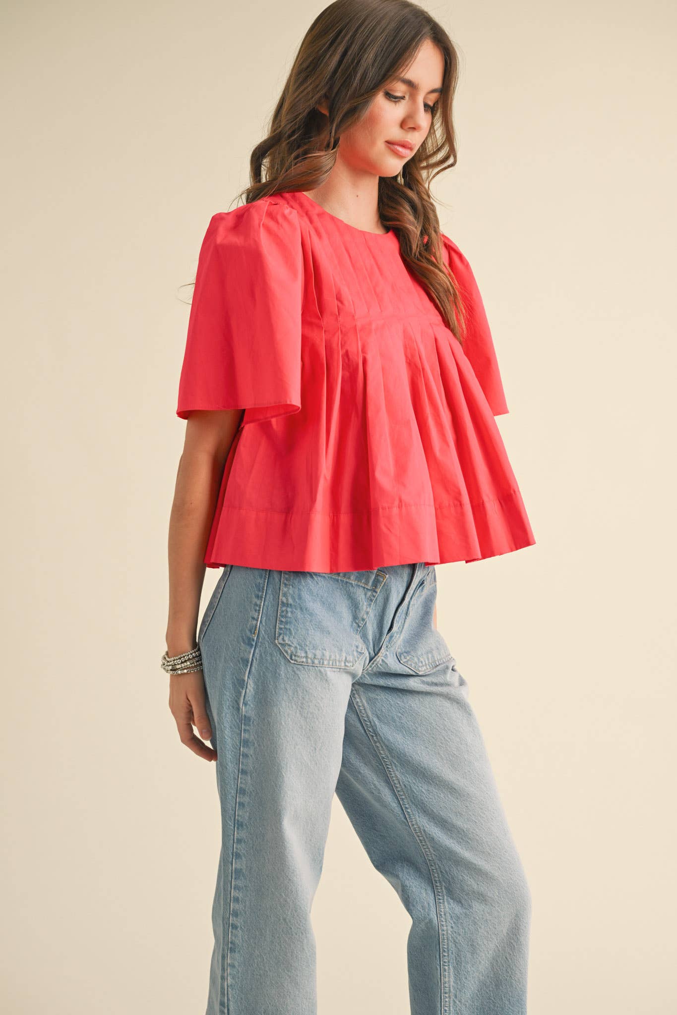 PLEATED SHORT SLEEVE TOP CERISE PINK
