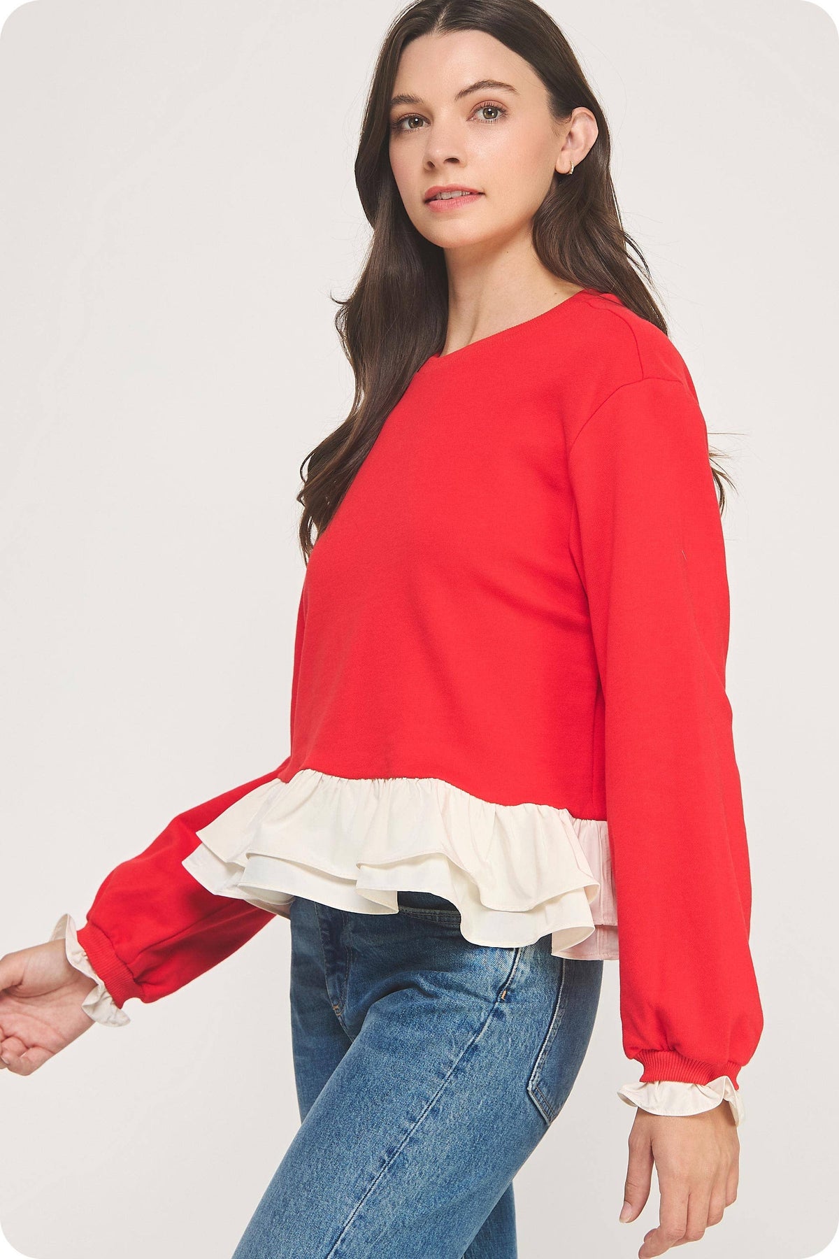Contrast Ruffle Hem Crewneck Sweatshirt