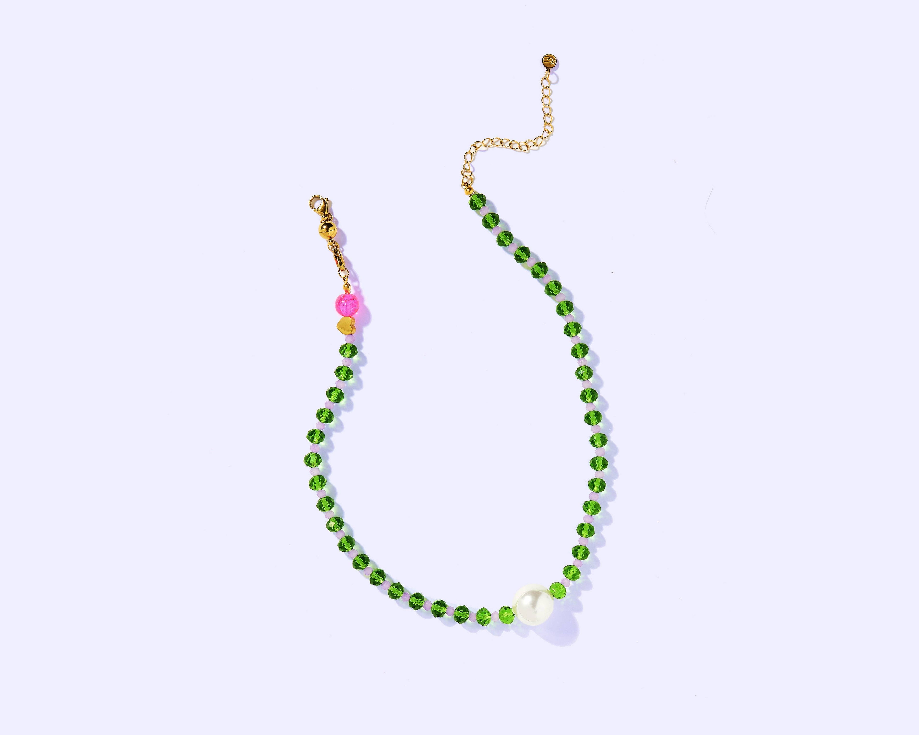 Annalise Beaded Necklace | Green + Purple w/ Large Pearl