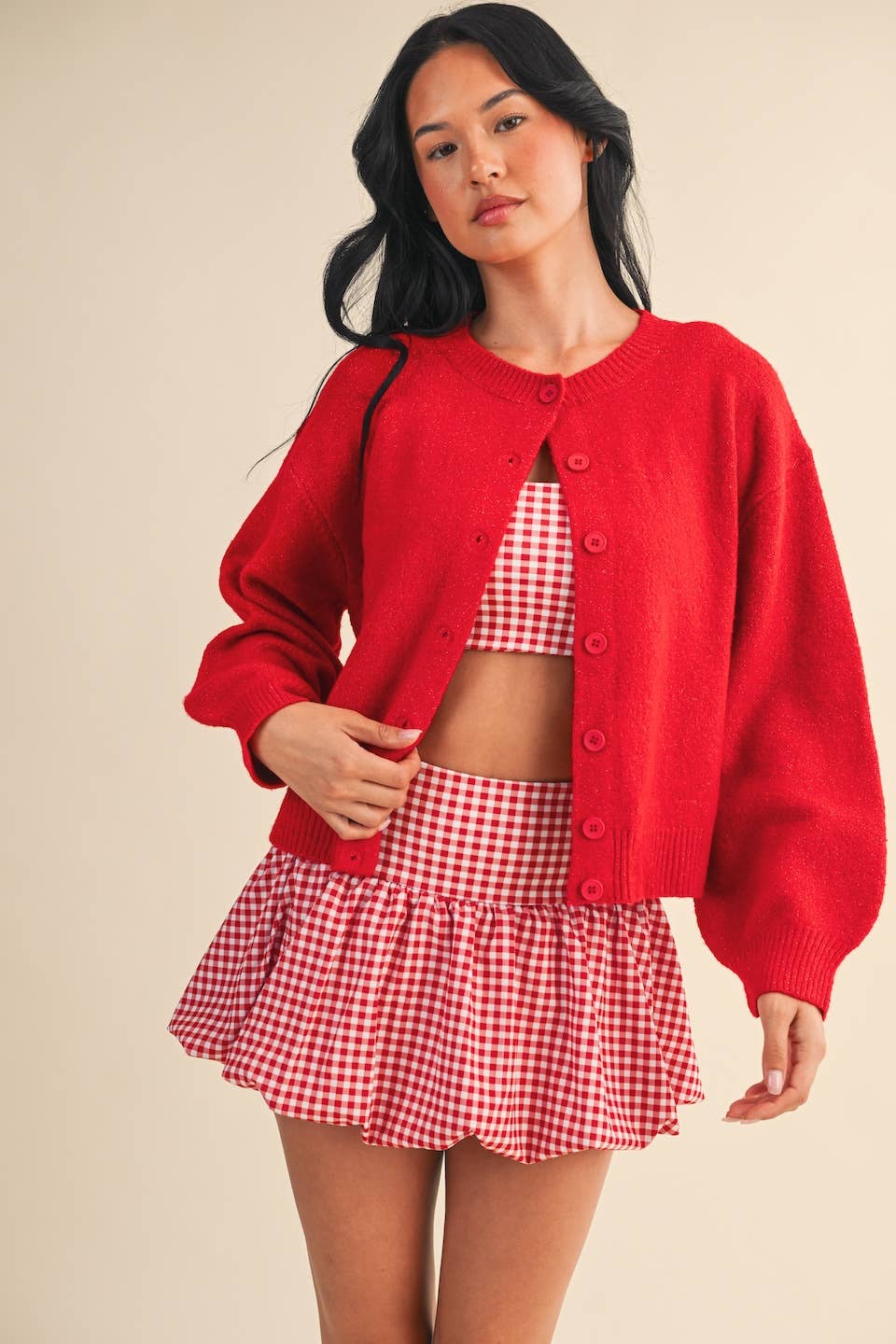 Knit Button Up Cardigan Sweater: Red