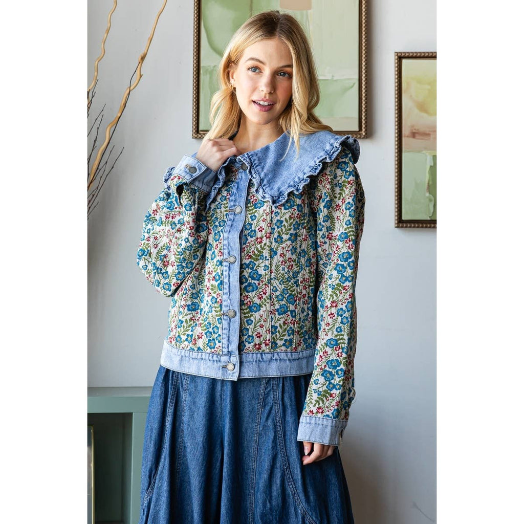 Vintage Jacquard Ruffle collar Denim Jacket