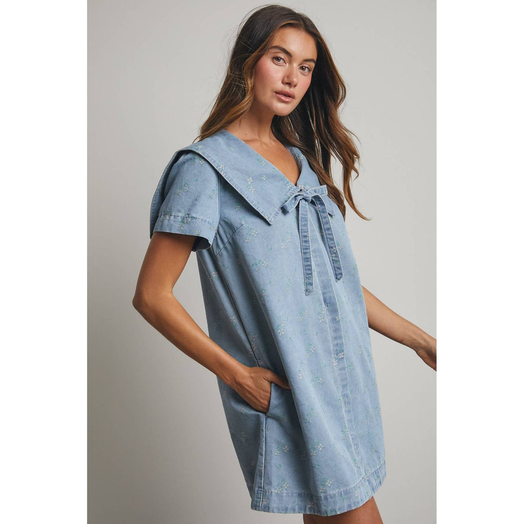 FLORAL PETER PAN COLLARED DENIM MINI DRESS
