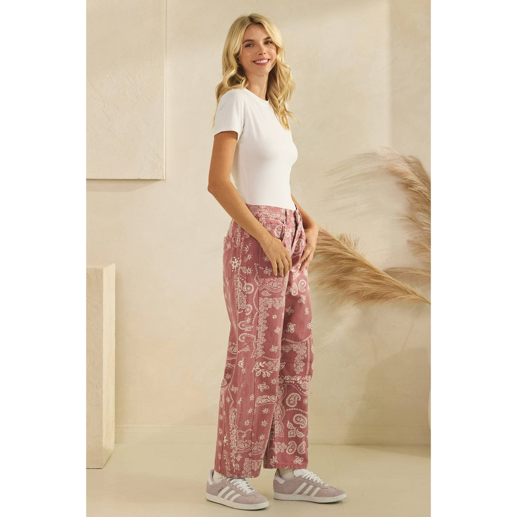 Paisley Printed Denim Pants | Red