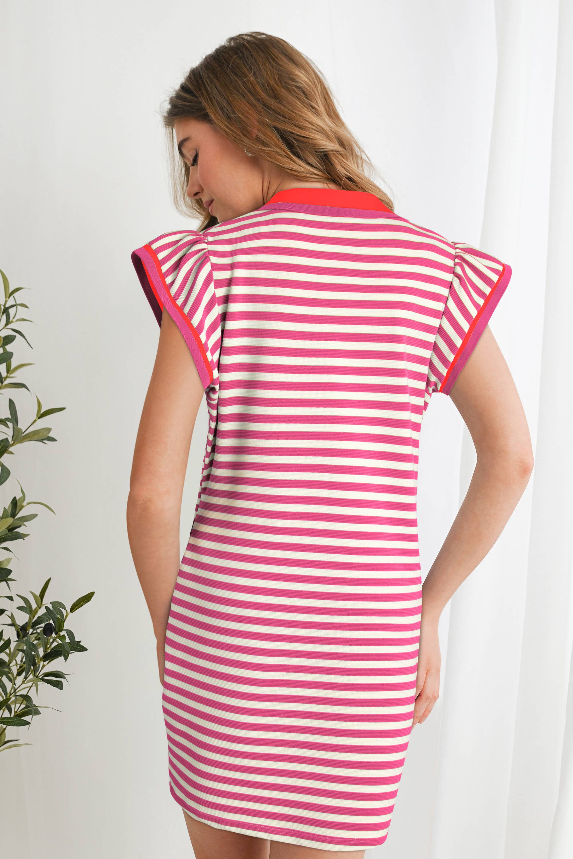 Pink Contrast Striped Ruffle Short Sleeve V-Neck Dress
