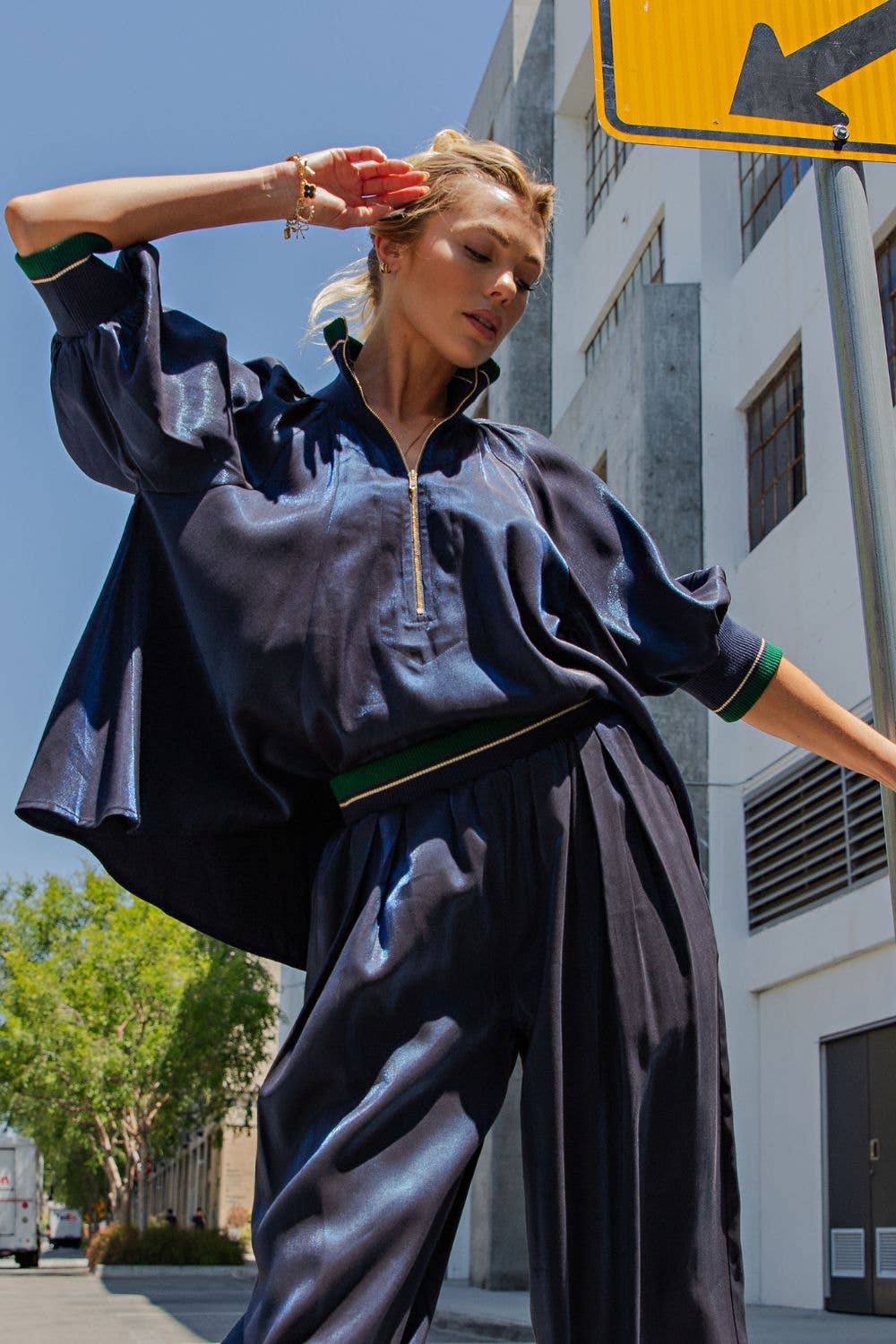 Navy Mock Neck Band Puff Sleeve Blouse