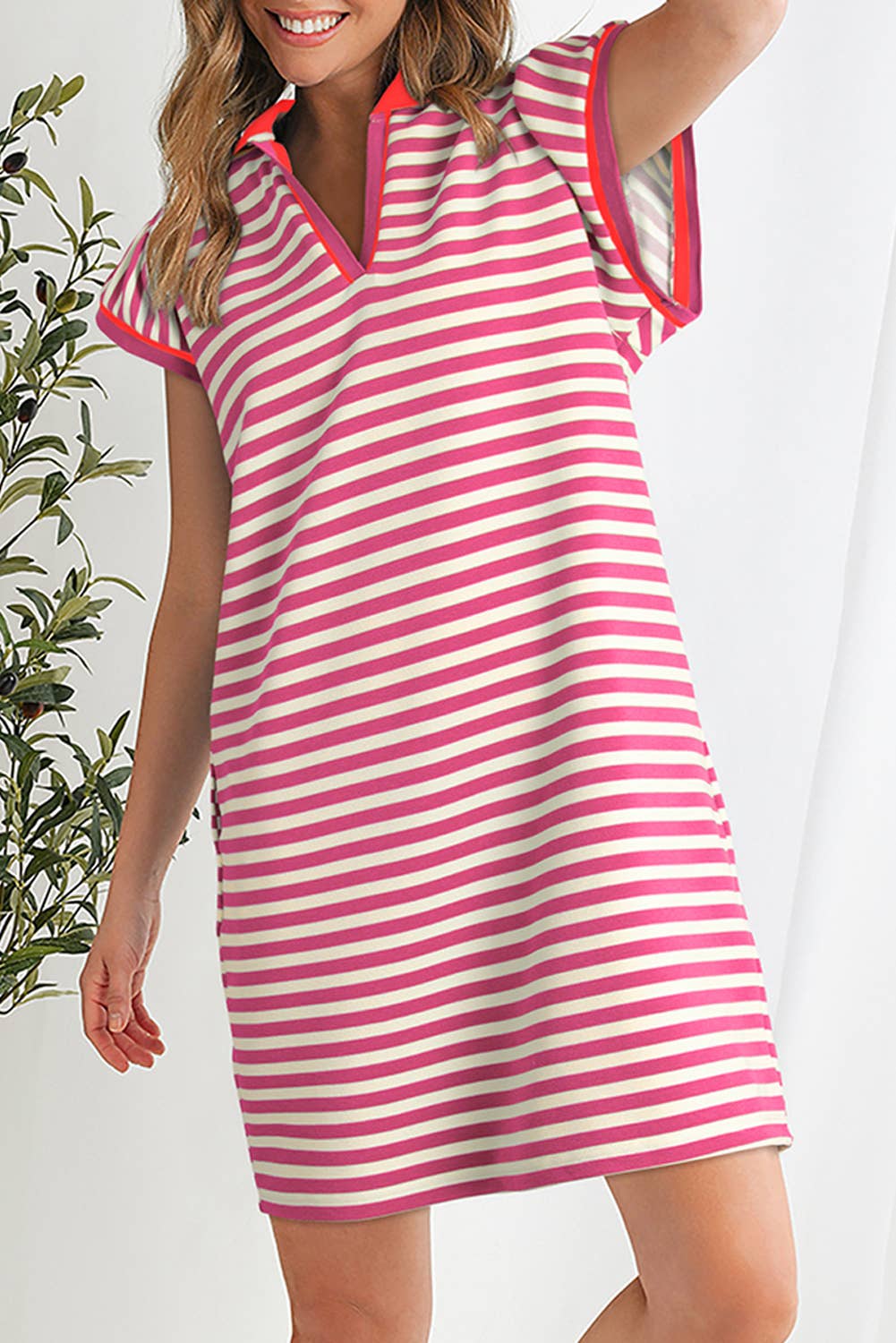 Pink Contrast Striped Ruffle Short Sleeve V-Neck Dress