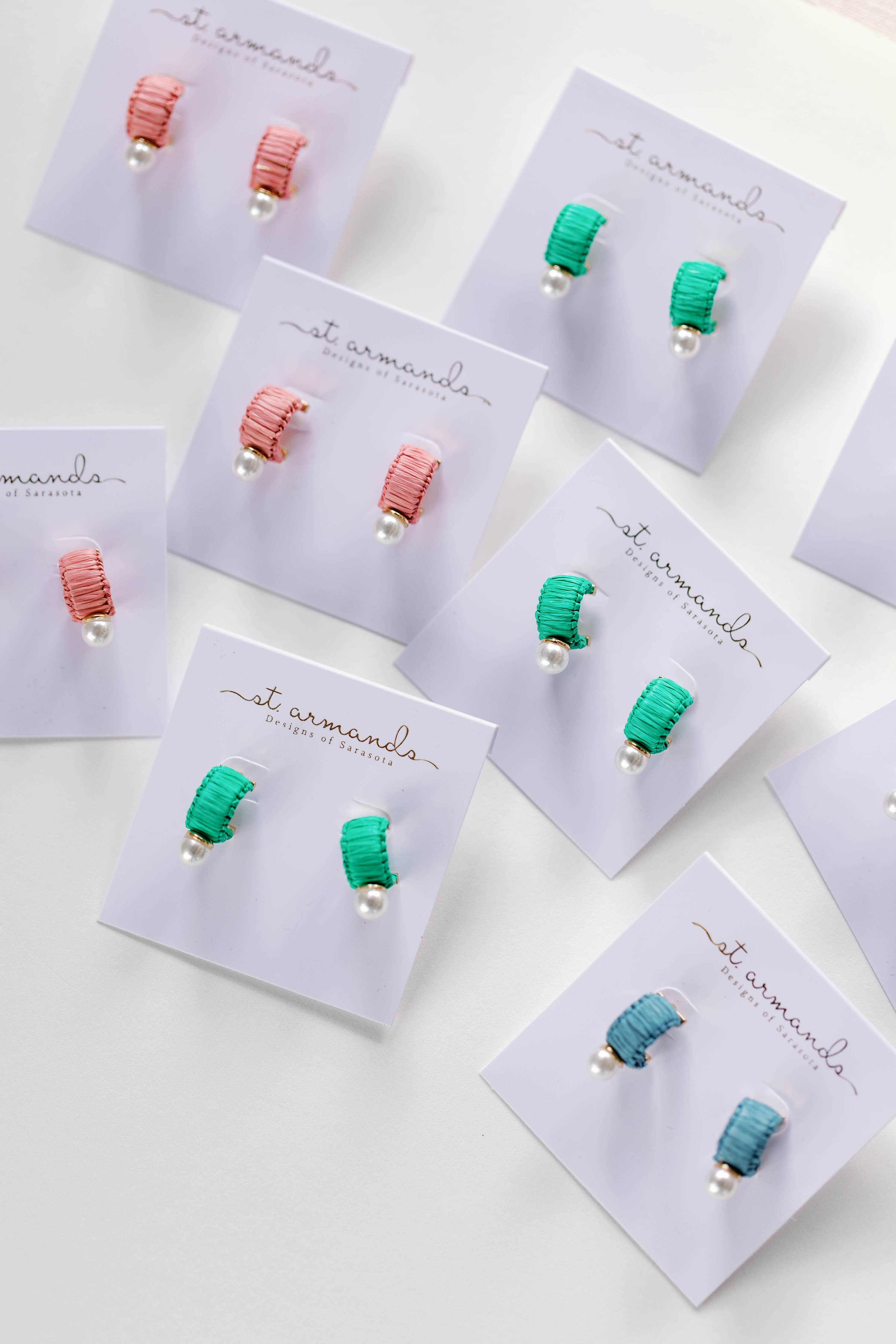 Mini Green Raffia and Pearl Huggie Hoop Earrings
