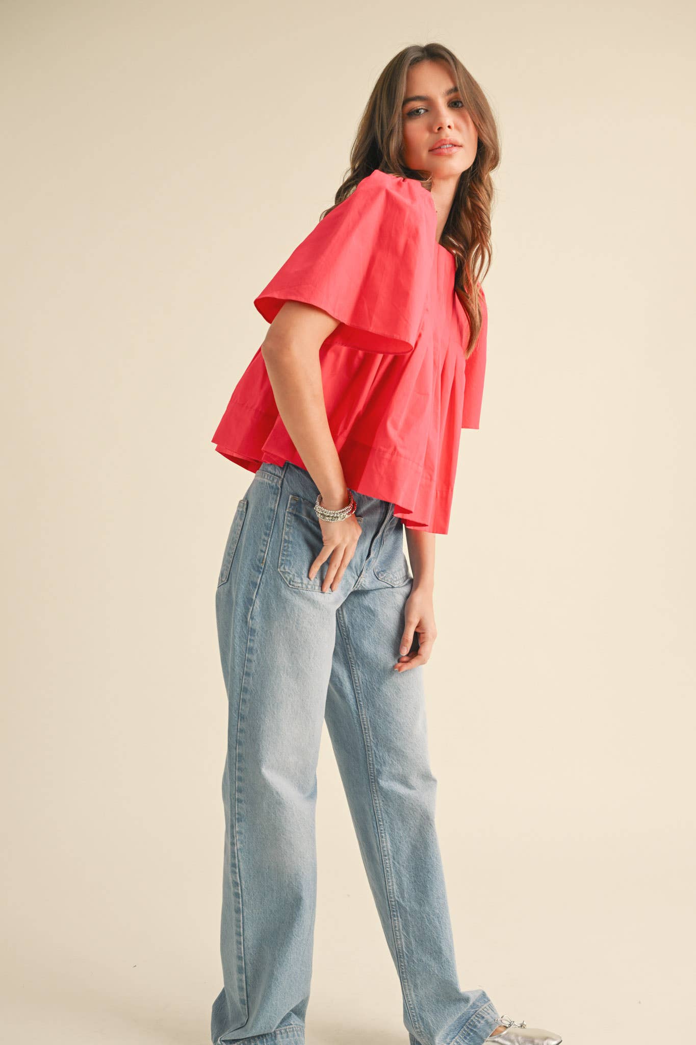 PLEATED SHORT SLEEVE TOP CERISE PINK