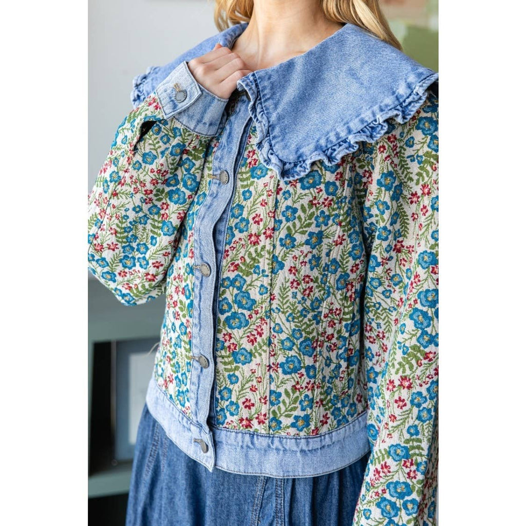 Vintage Jacquard Ruffle collar Denim Jacket