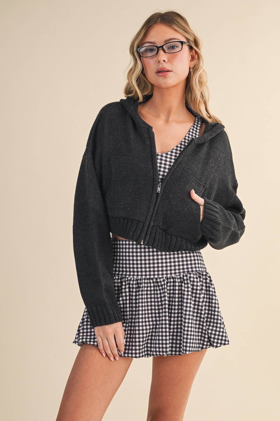 Knit Zip Up Hoodie Sweater: Black