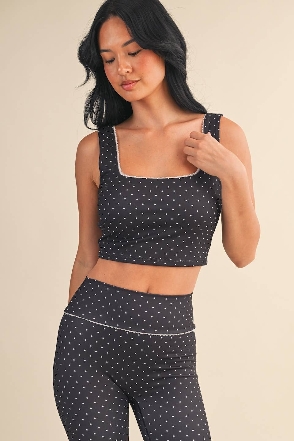Black Polka Dot Print Crop Tank with Lace Trim