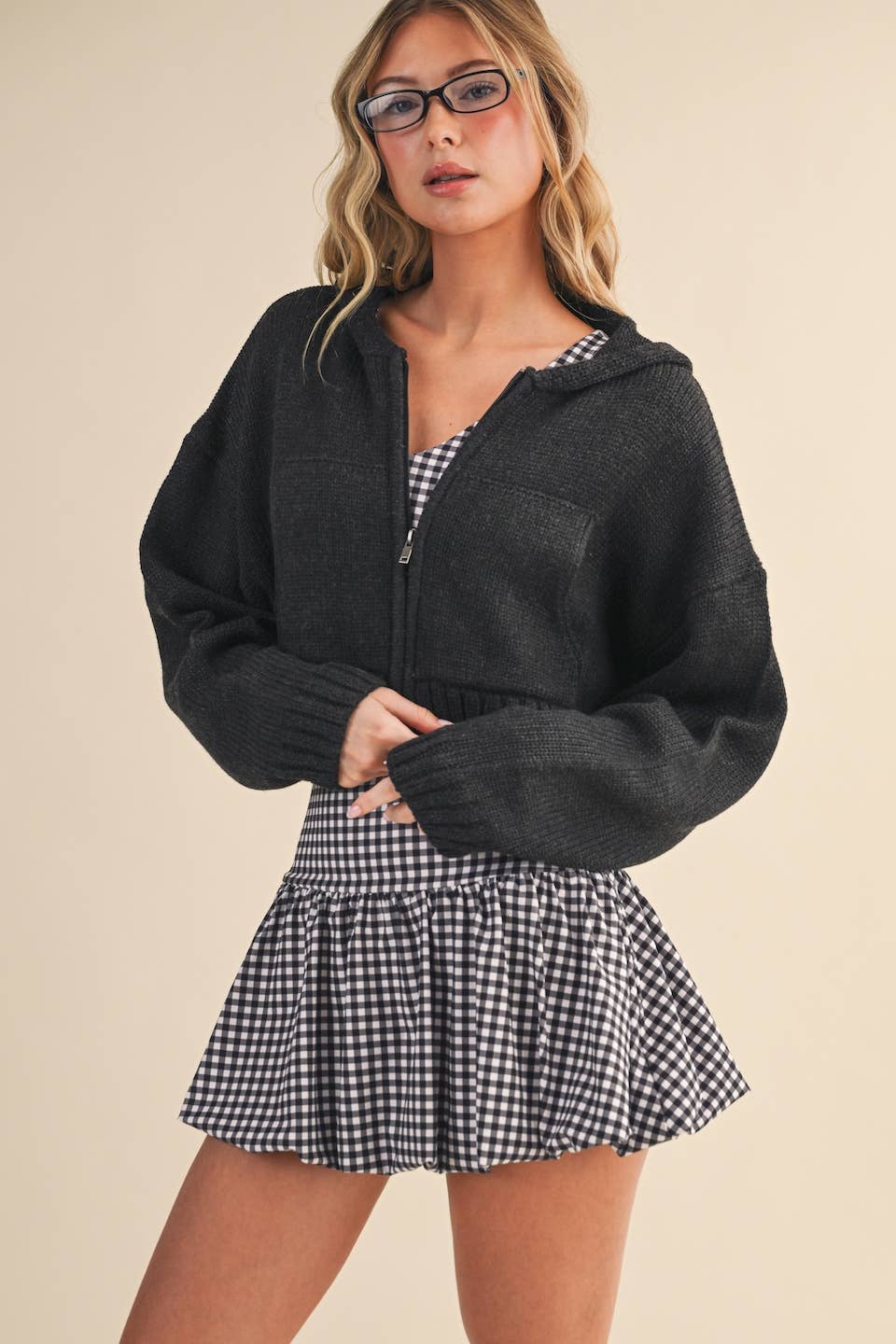 Knit Zip Up Hoodie Sweater: Black