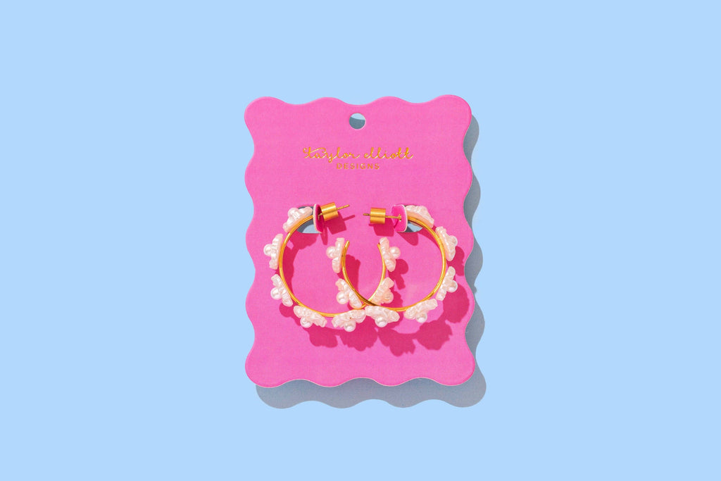 Hoop Earrings - Small - Gold-Plated w/Pearl Flowers - Amelia