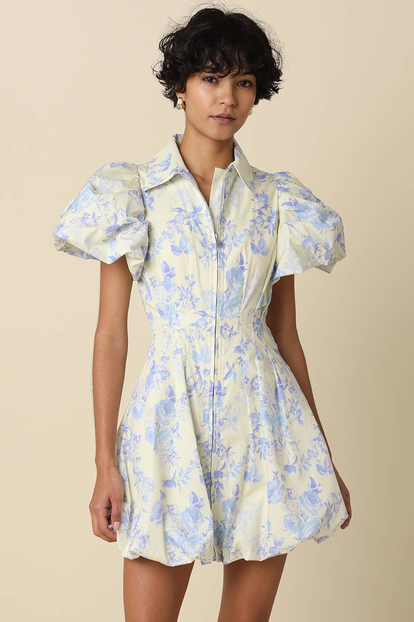 Elain Puff-Sleeve Floral Mini Bubble Dress | Cream Blue