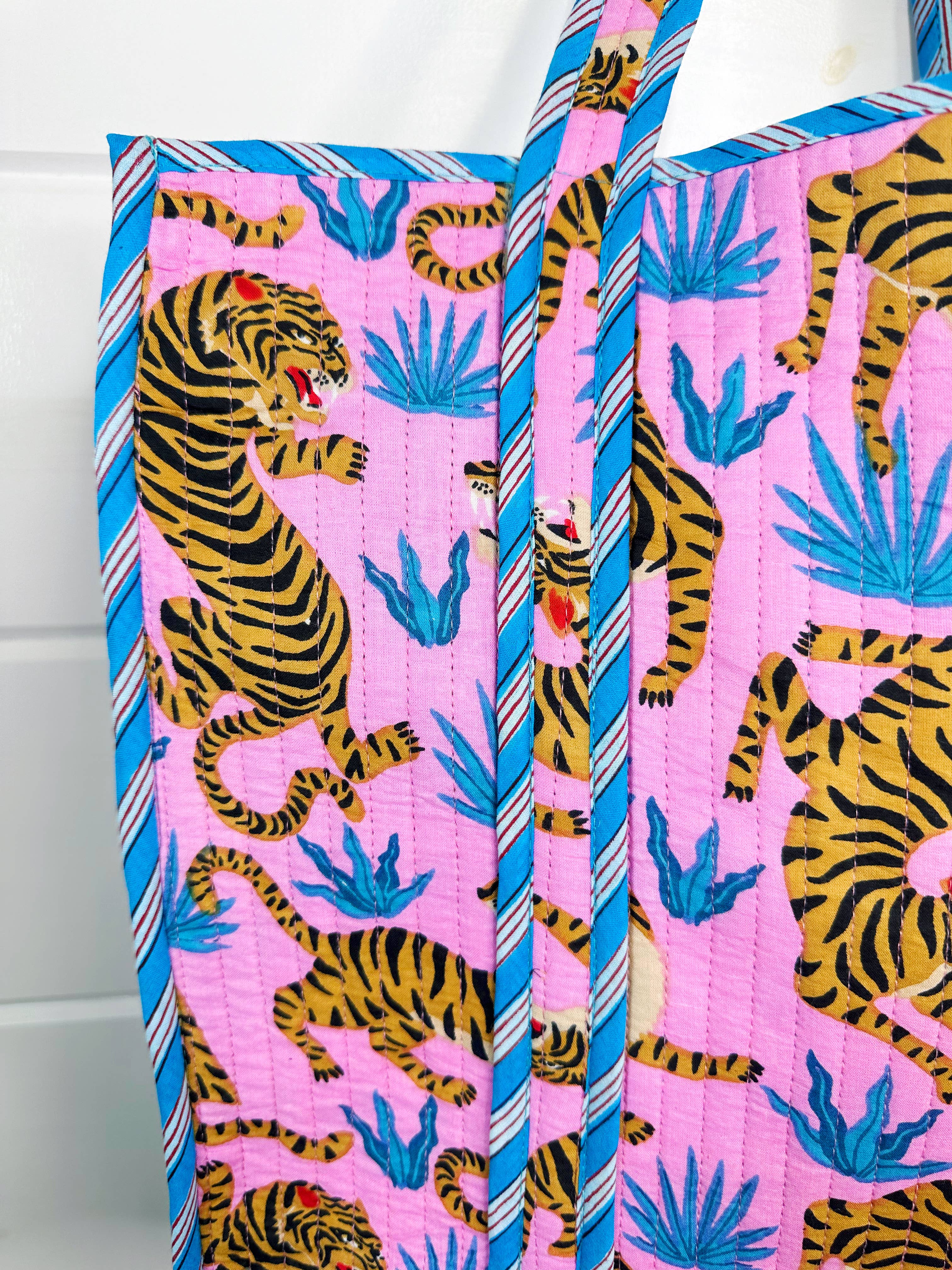 Quilted Tote Bag | Large Travel Bag | Pink Blue Tiger Print