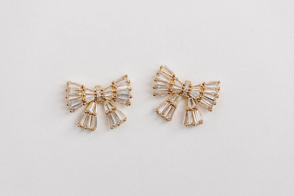 Gold Maxi Sparkler Holiday Statement Stud Bow Earrings