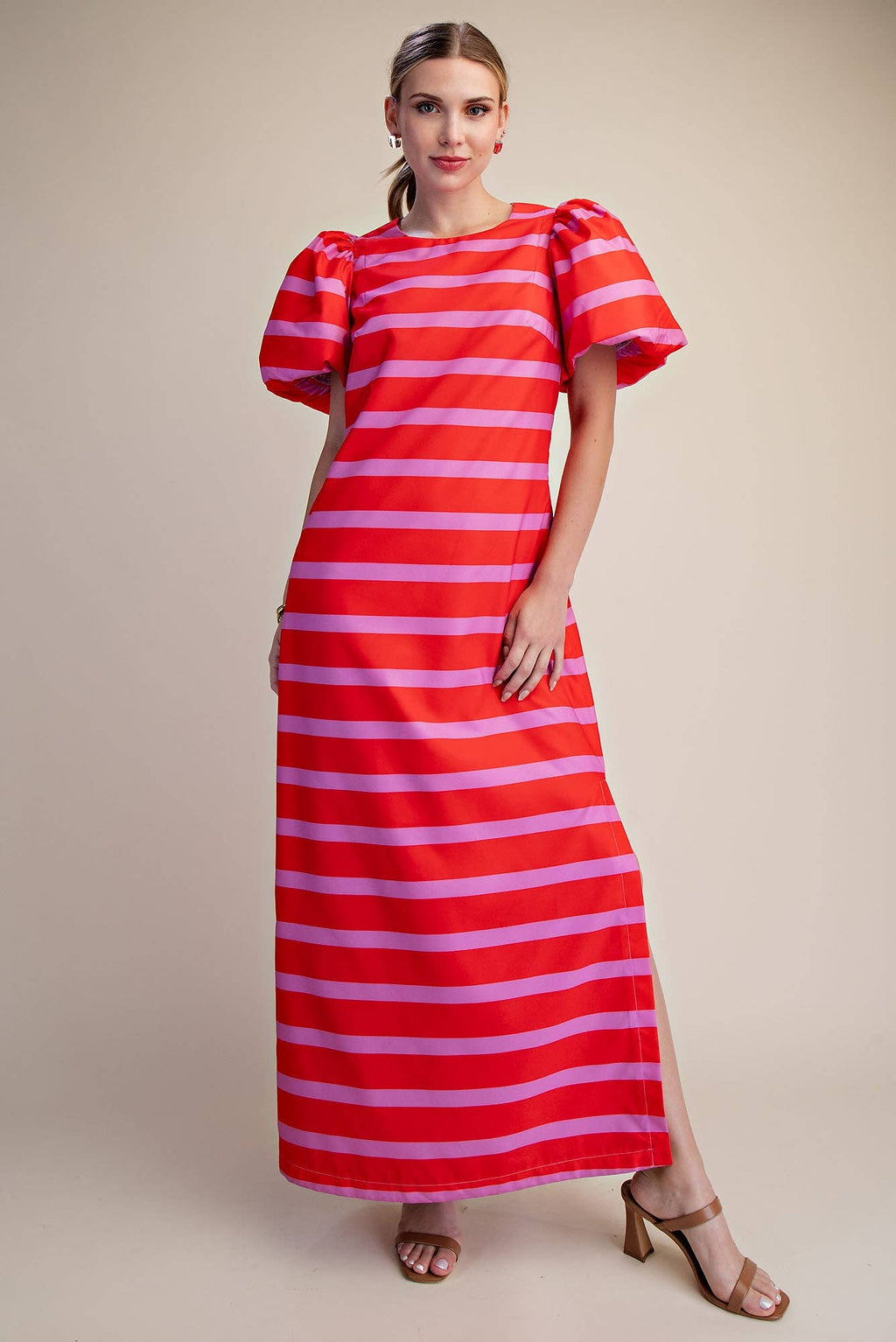 Red/Pink Puff Sleeve Maxi Dress