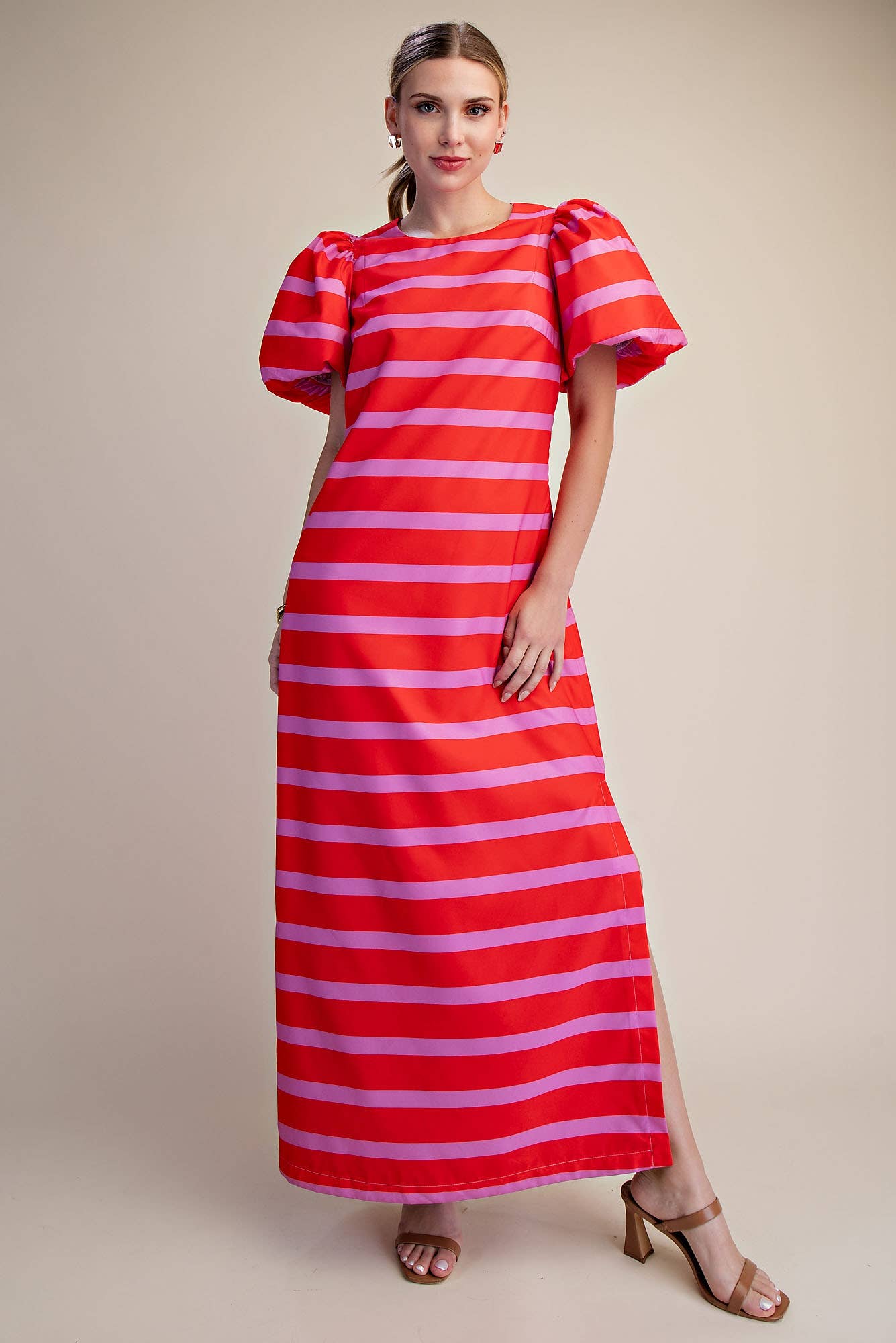 Red/Pink Puff Sleeve Maxi Dress