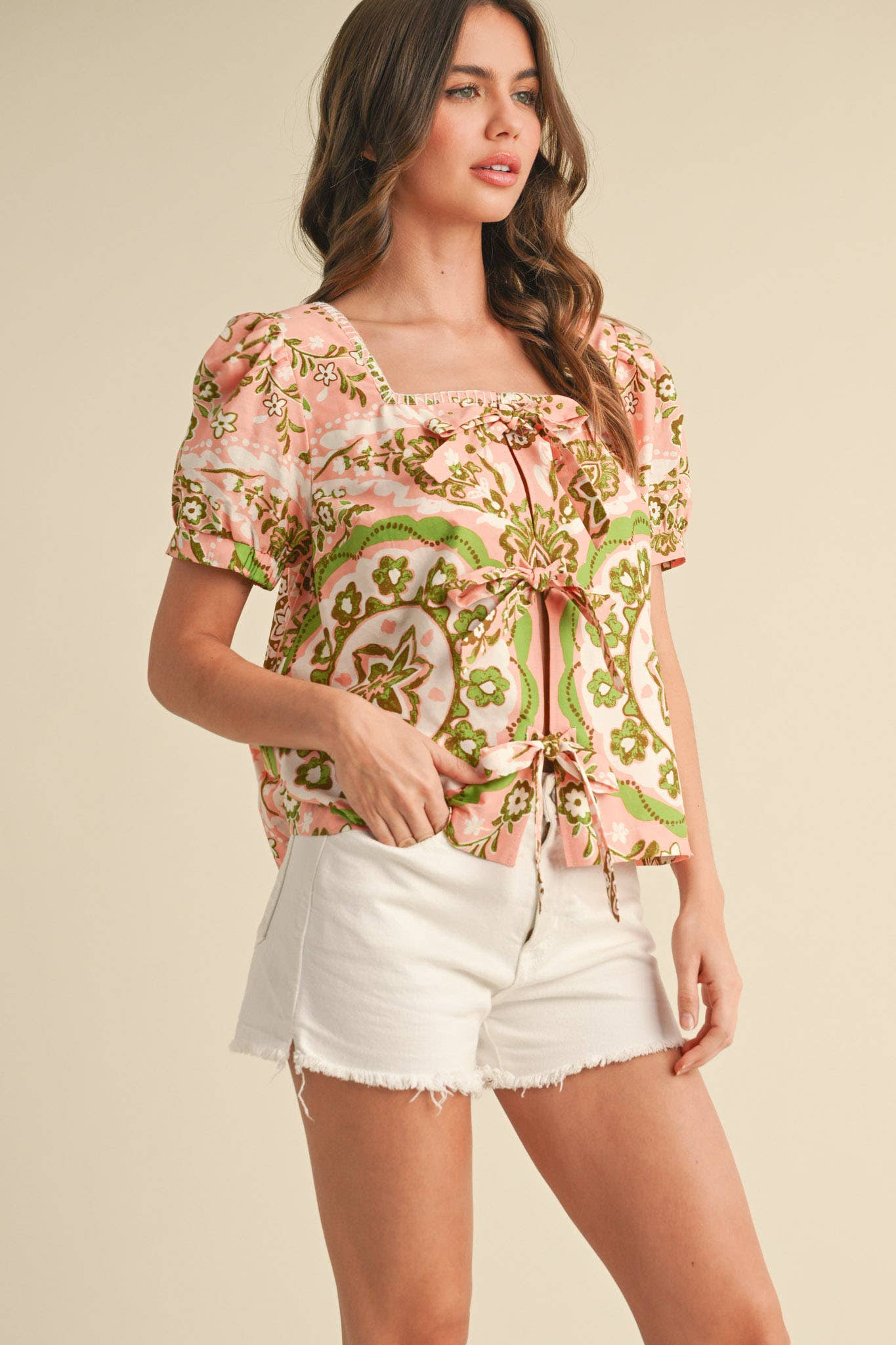 MEDALLION PRINT TIE FRONT PUFF SLEEVE TOP