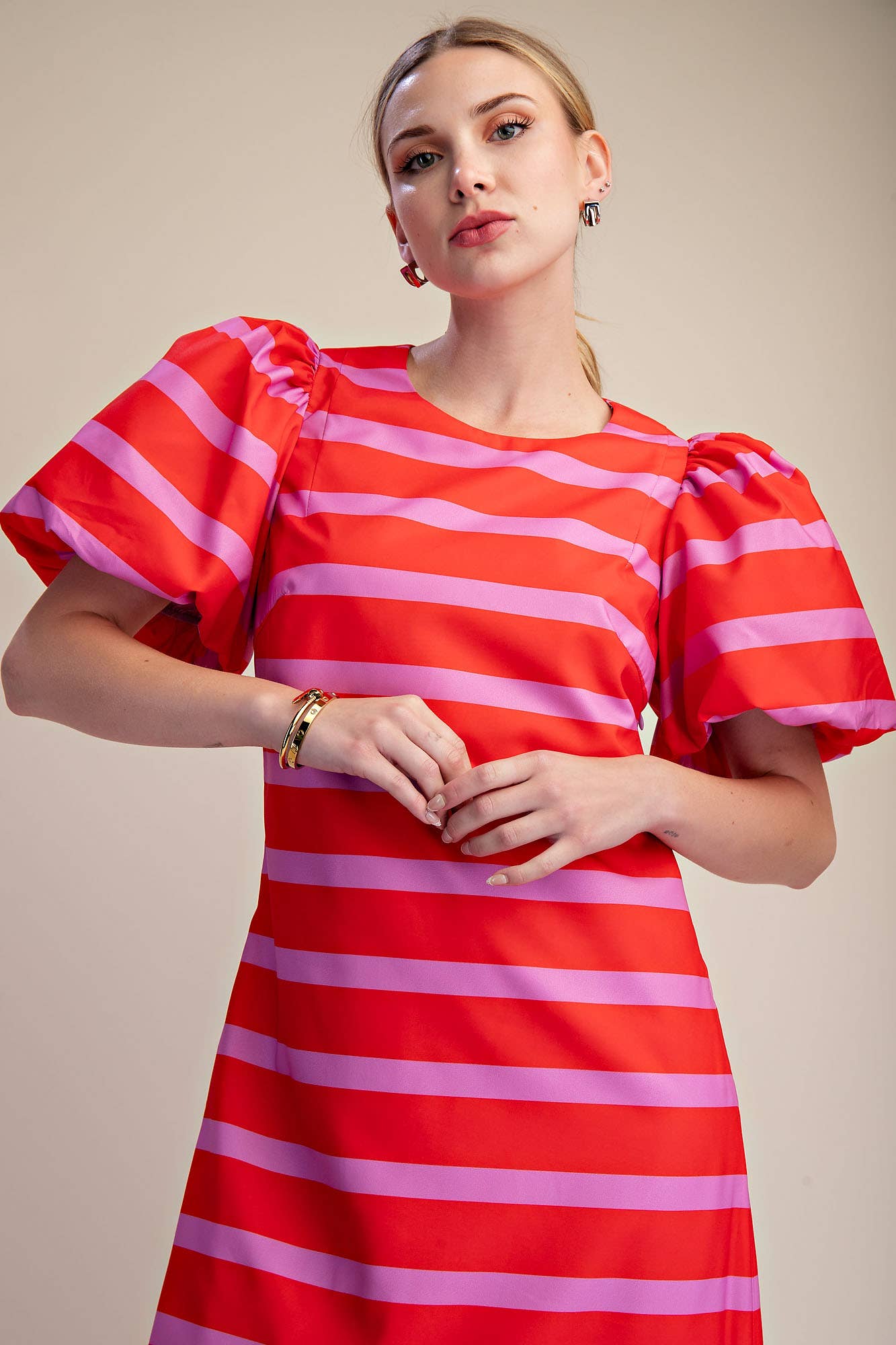 Red/Pink Puff Sleeve Maxi Dress