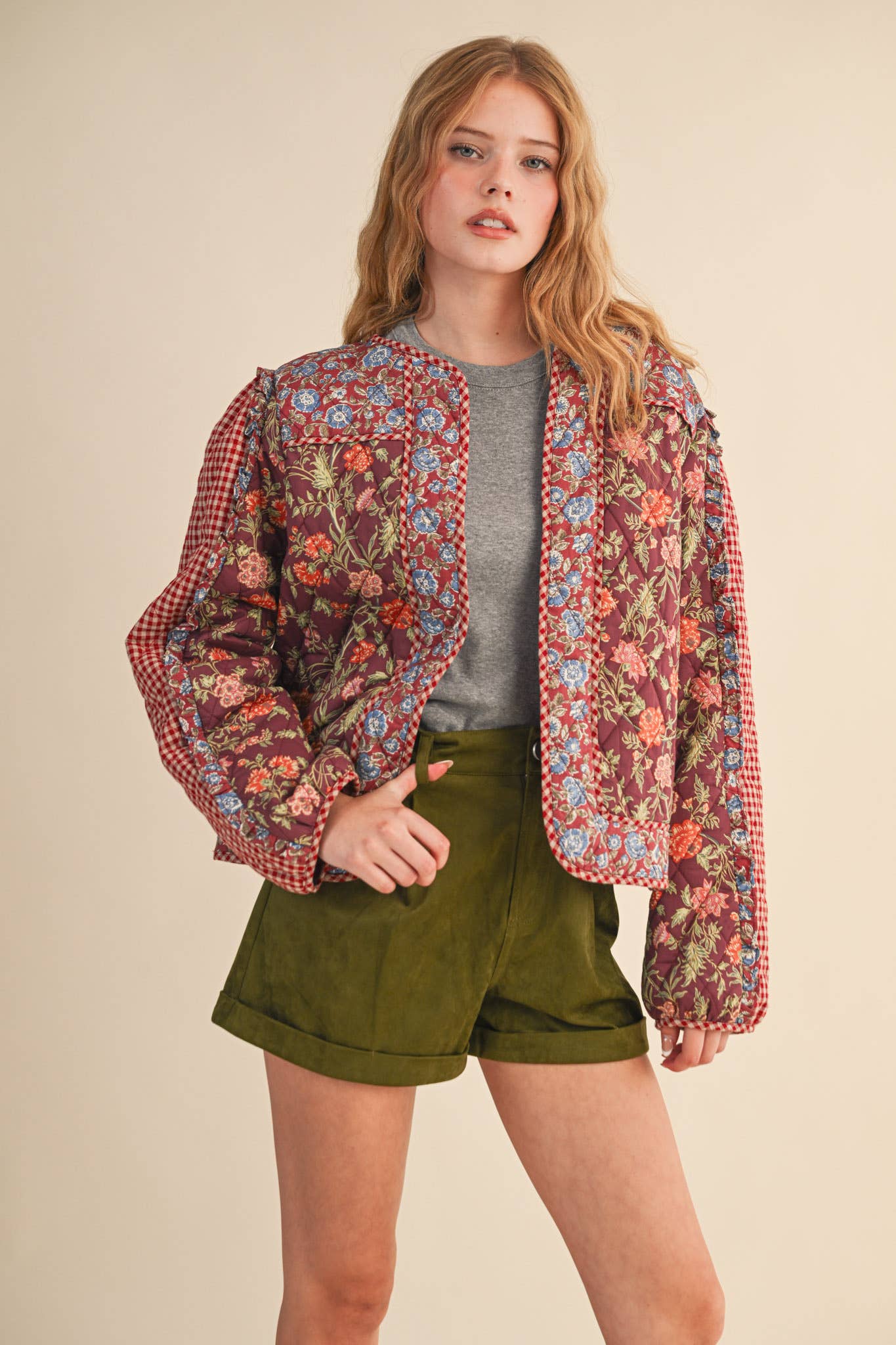 BURGUNDY MIXED PRINT QUILTED JACKET WITH RUFFLE TRIM